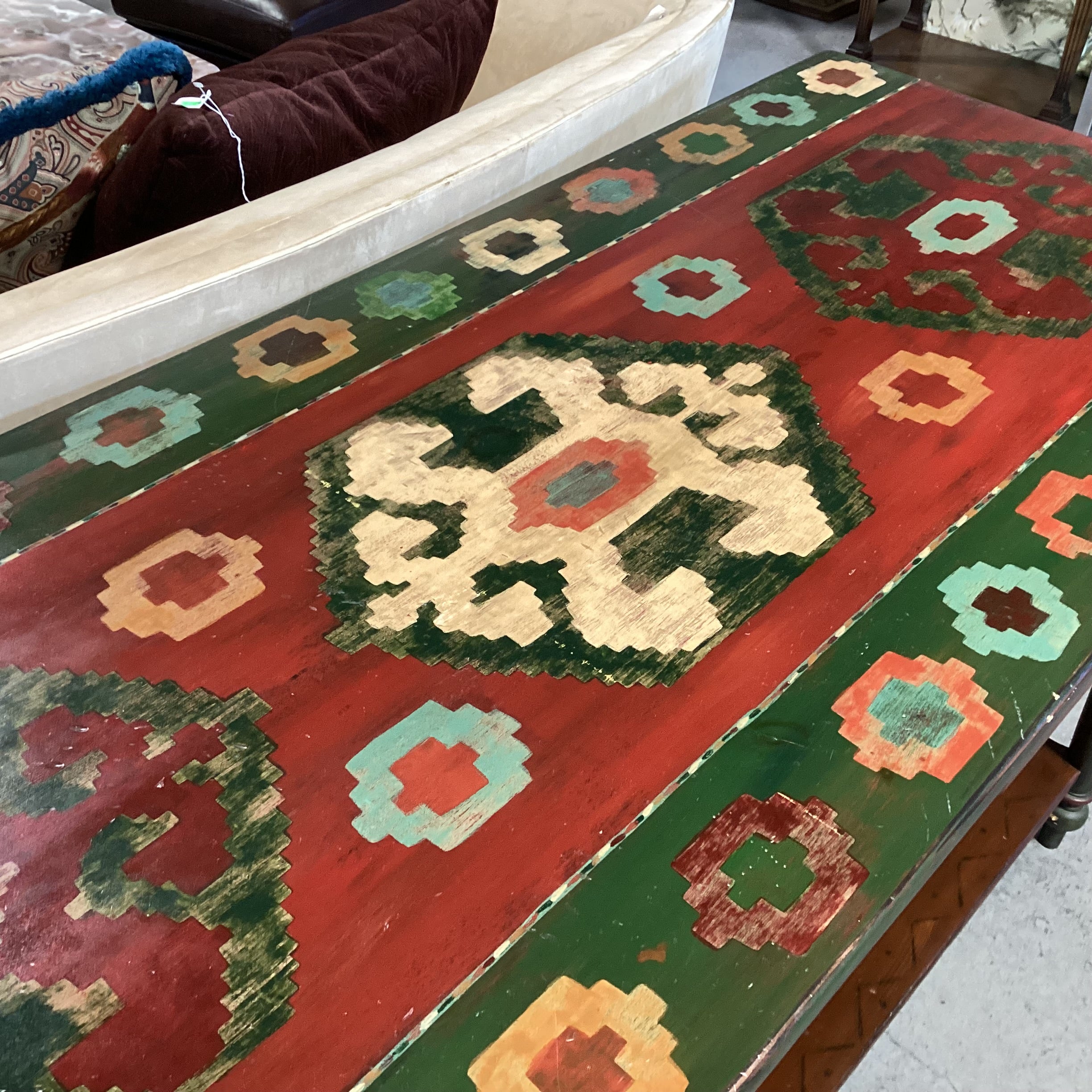 Red & Green Southwest Hand Painted Carved Wood 2 Drawer & Bottom Shelf Console 65"x 27"x 36"