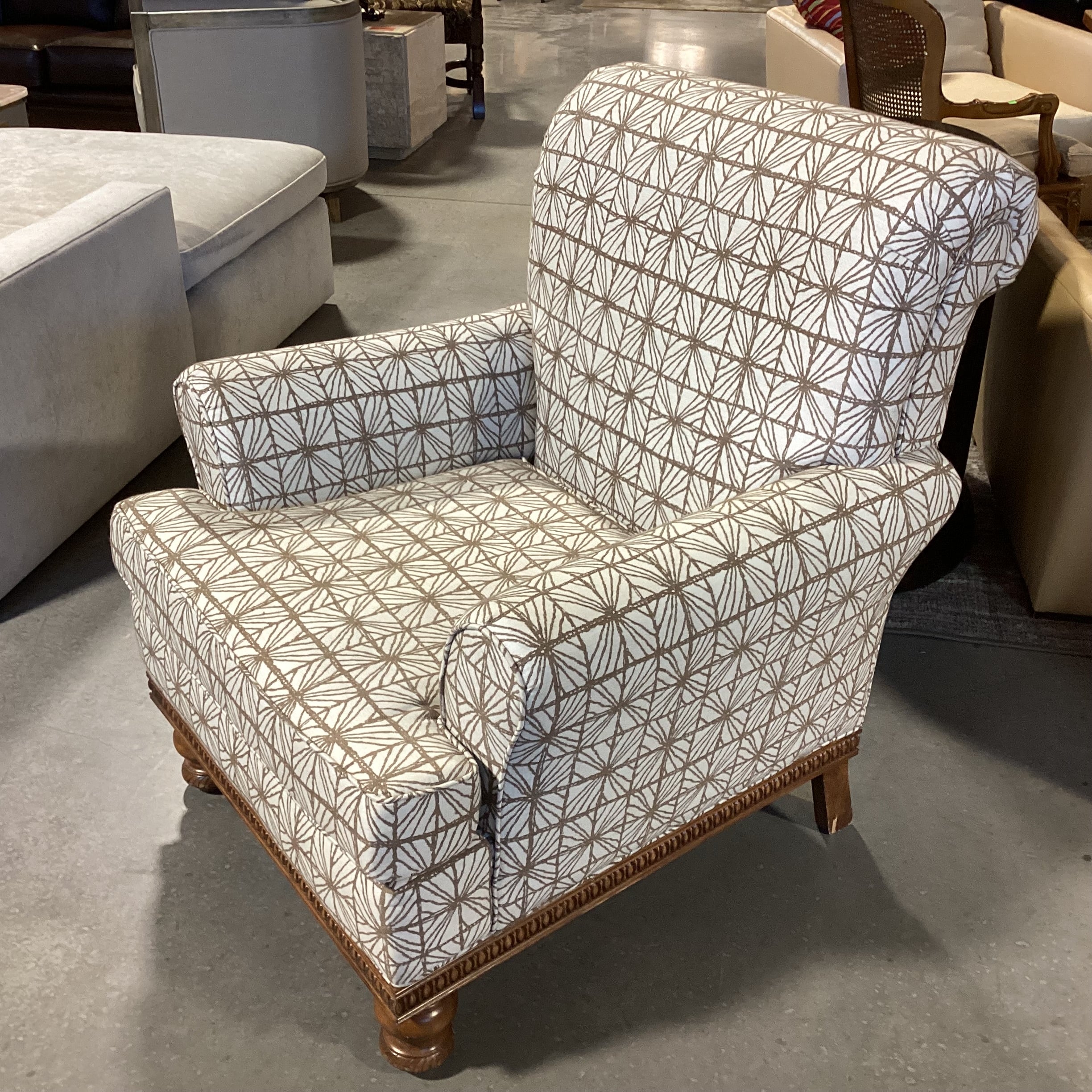 Ivory with Taupe Pattern Linen & Carved English Walnut Finish Chair 36"x 36"x 39"