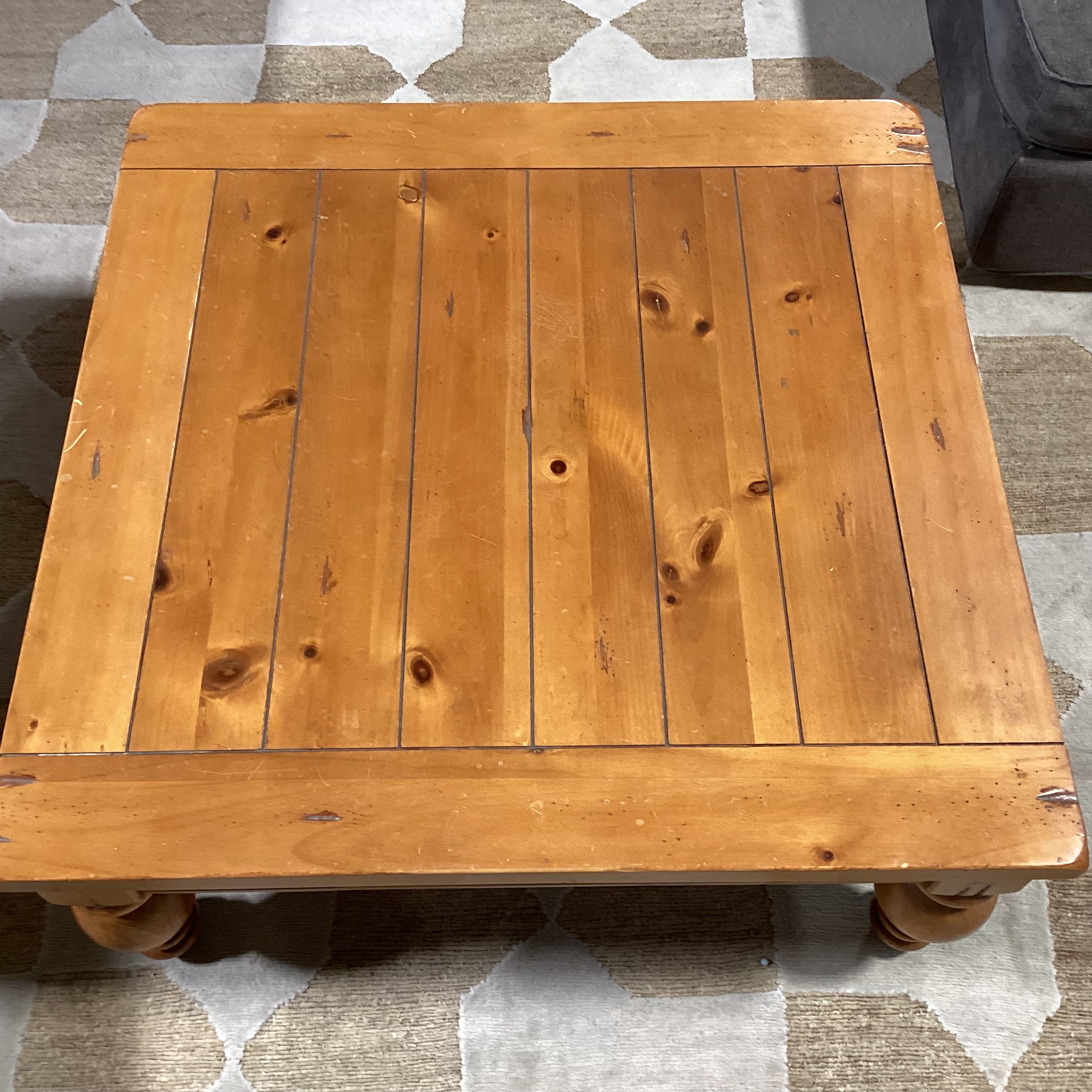 Finished Carved & Plank Pine Coffee Table 38"x 38"x 17"