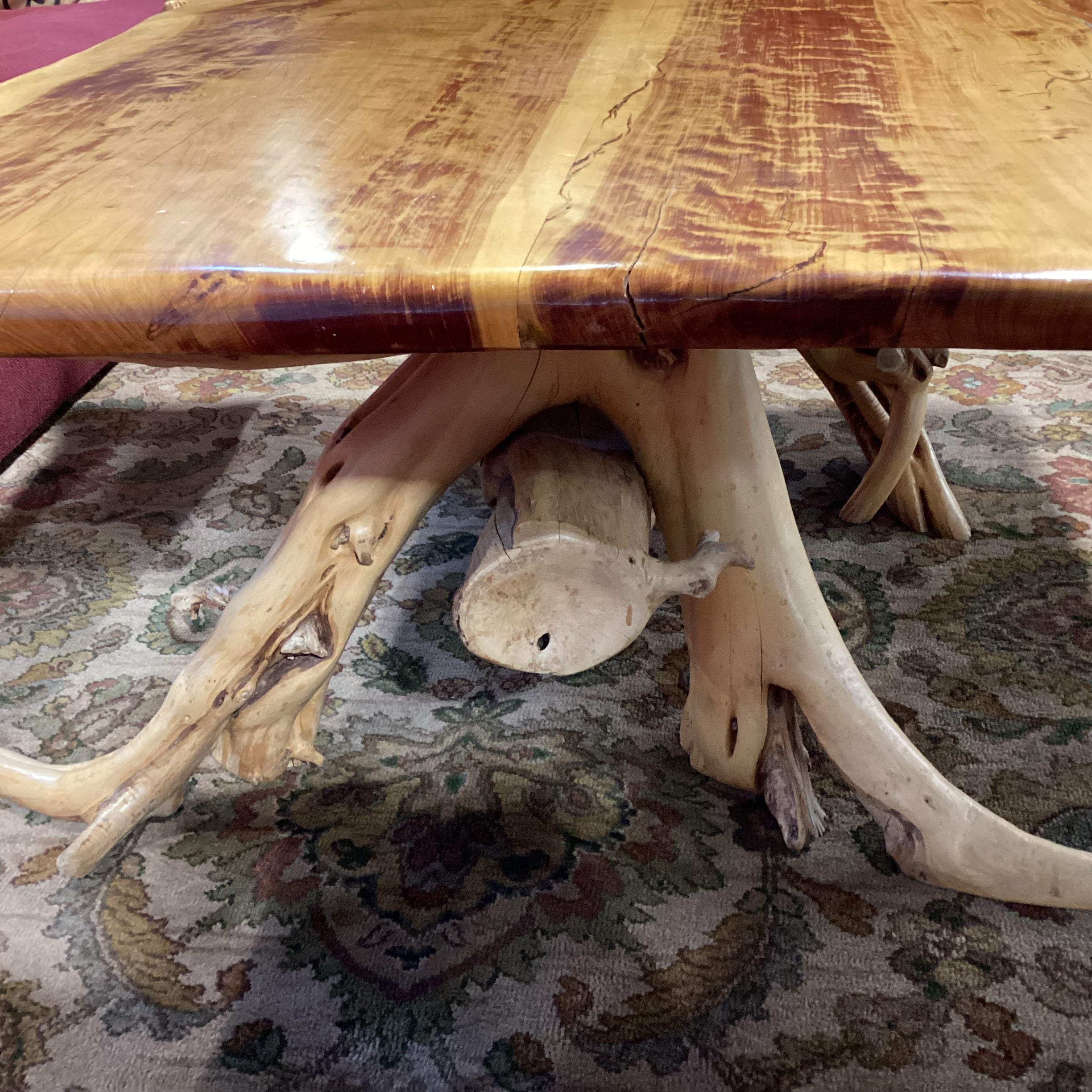 Hand Crafted Live Edge & Stump Trestle Coffee Table 44"x 44"x 20"