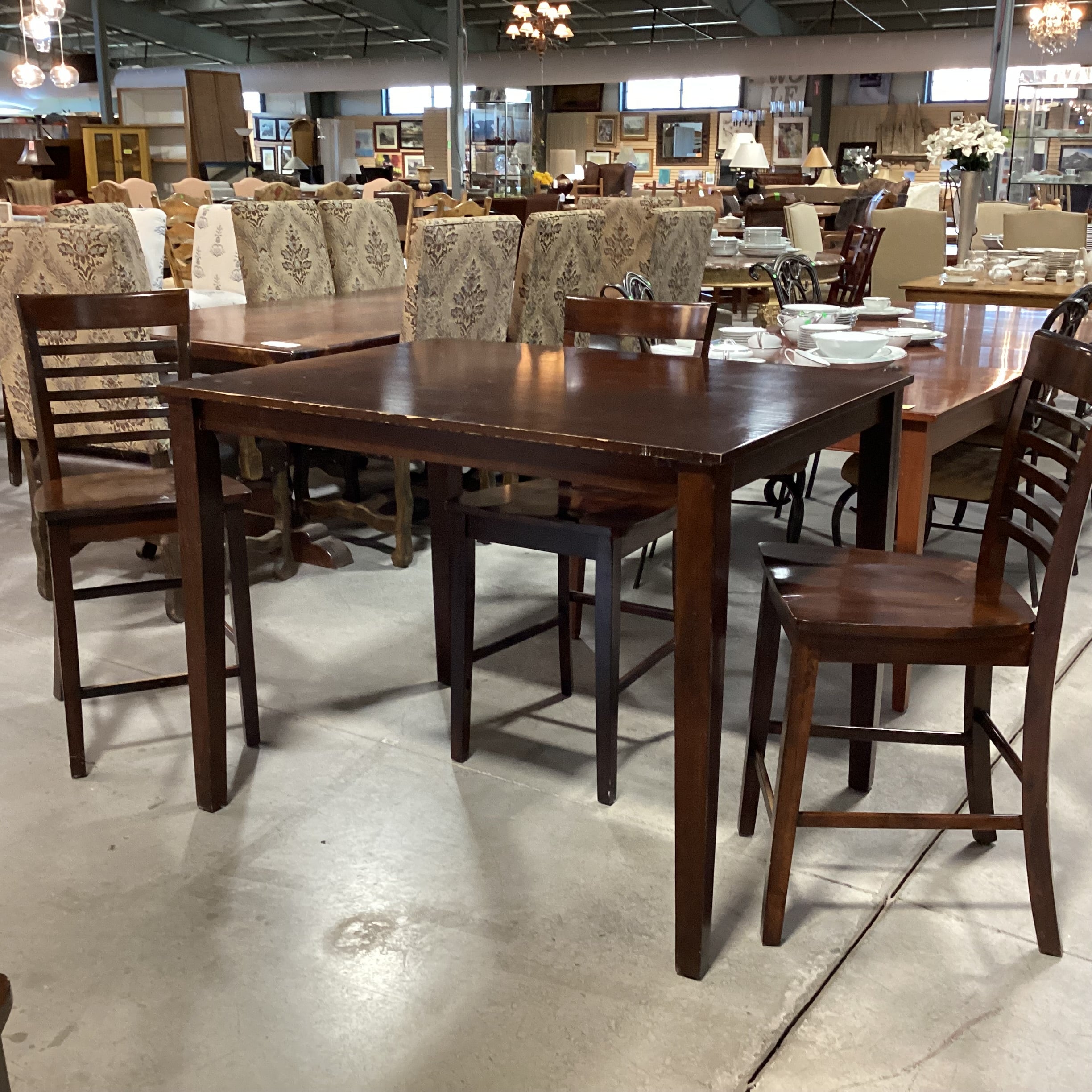 Dark Finish Wood & Veneer Bar Height Table & 4 Barstools Dining Set 48"x 36"x 36"