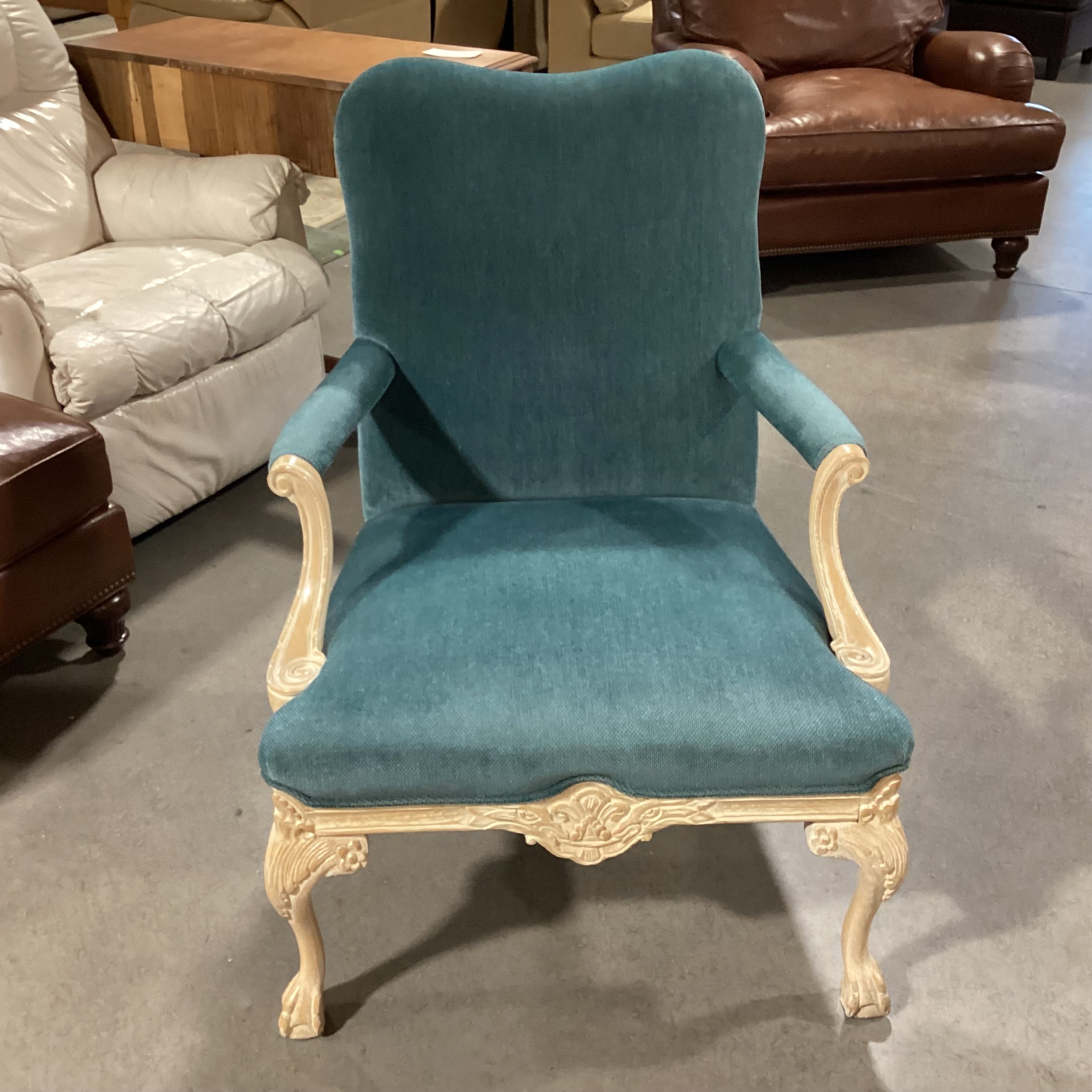 Teal Upholstered White Washed Carved Wood Chair 28"x 30"x 38"