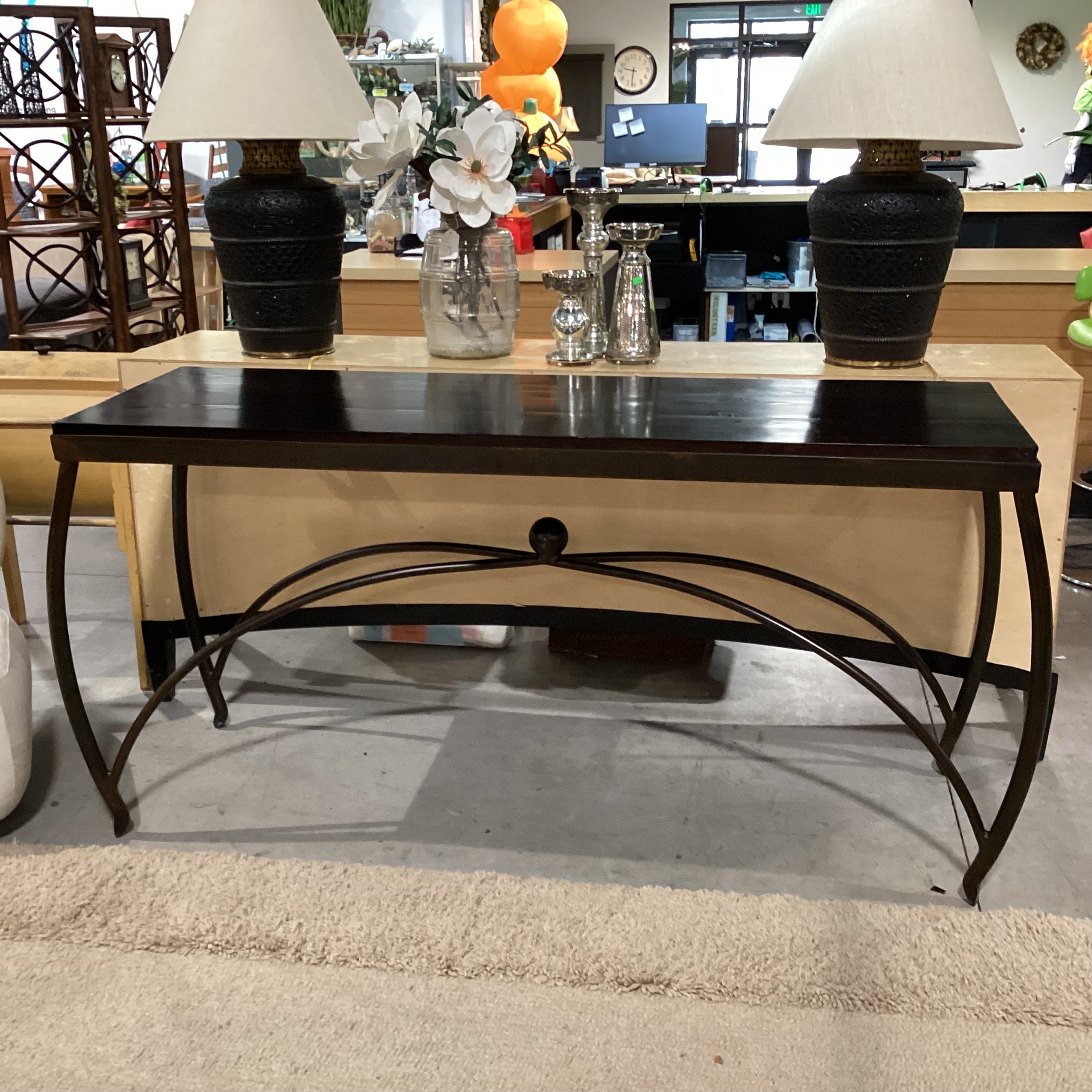 Dark Finished Wood & Iron Stretchers Trestle Accent Table 73"x 23"x 34.5"
