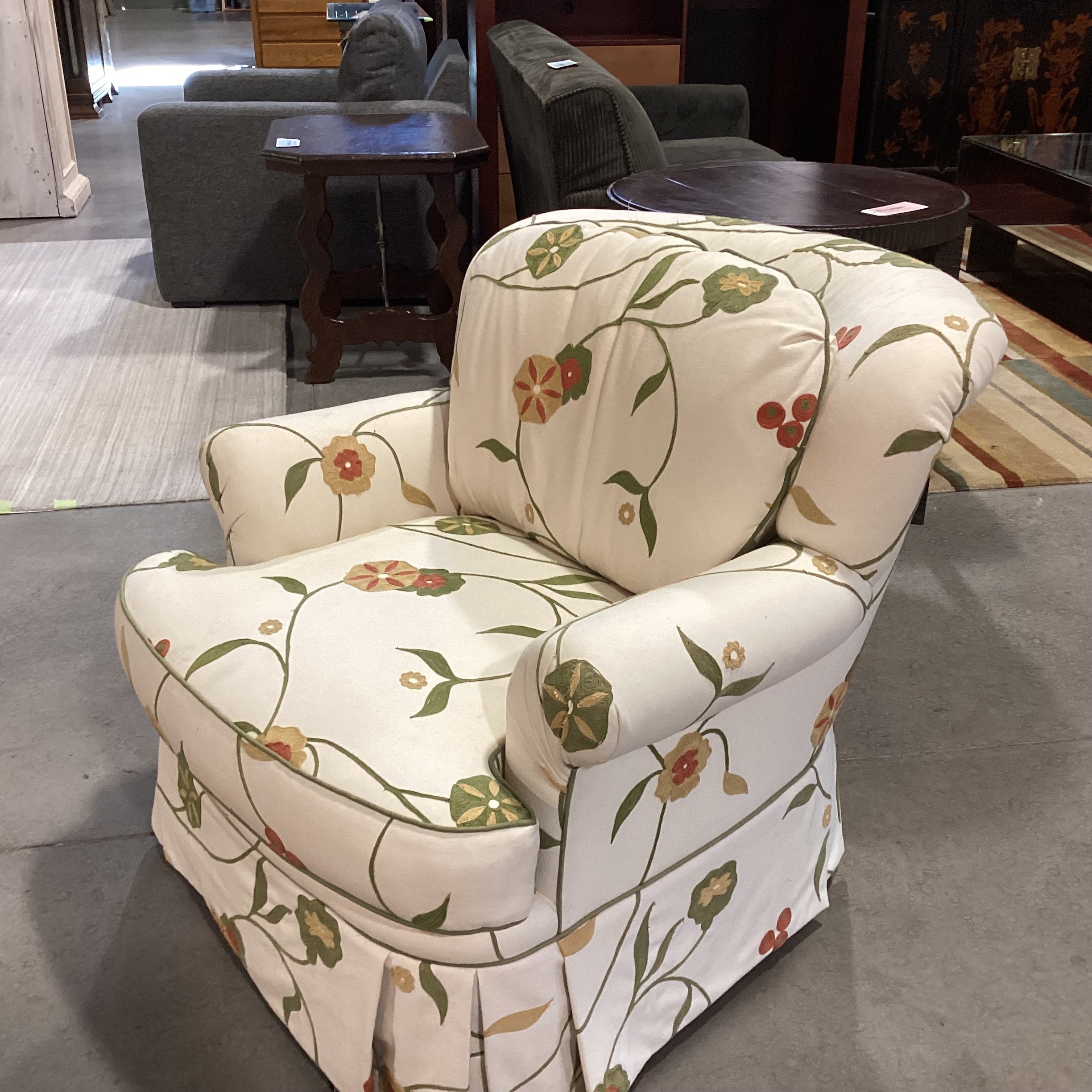 Dindy Foster Interiors Custom Cream with Embroidered Applique Green Gold Rust Floral Chair 35"x 40"x 32"