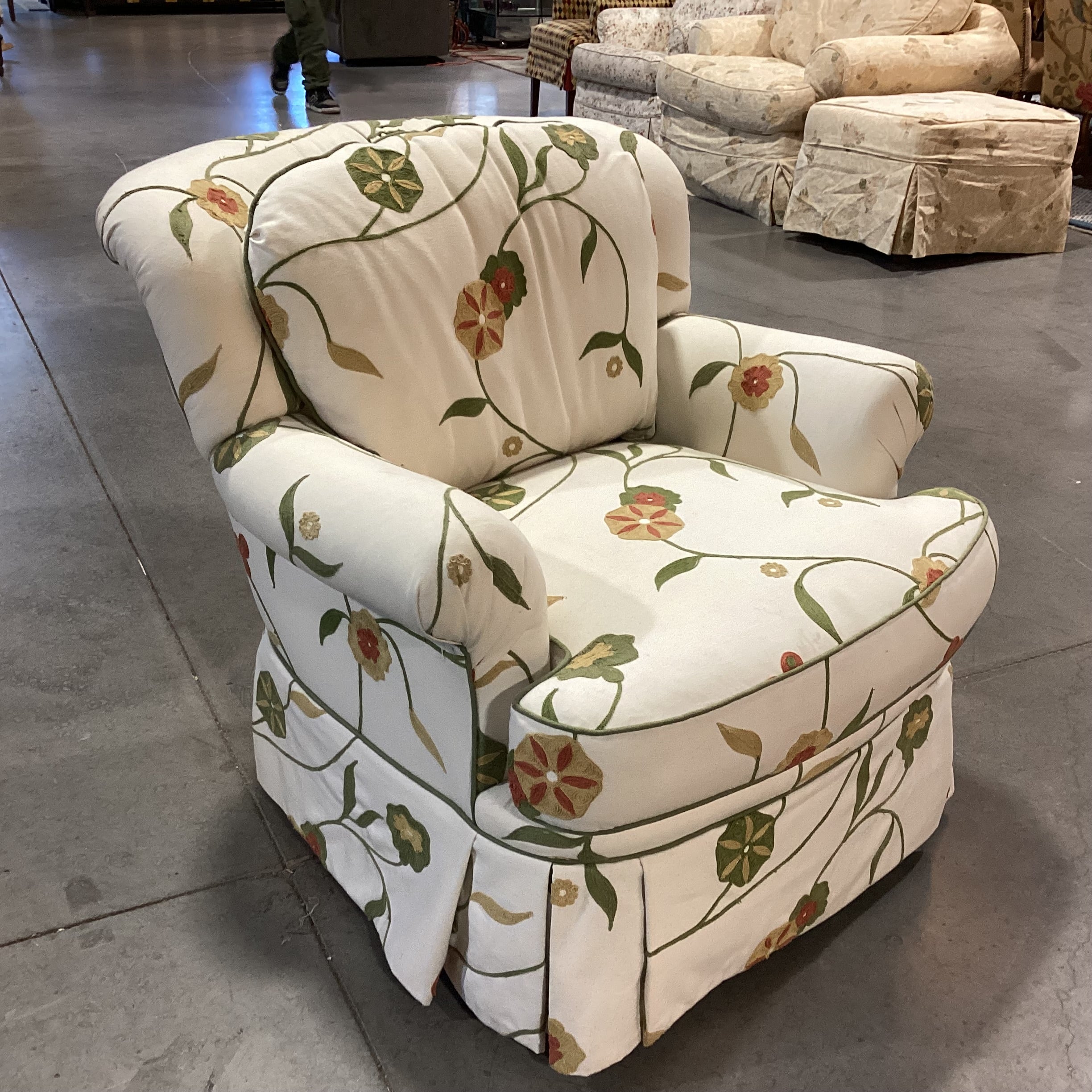Dindy Foster Interiors Custom Cream with Embroidered Applique Green Gold Rust Floral Chair 35"x 40"x 32"