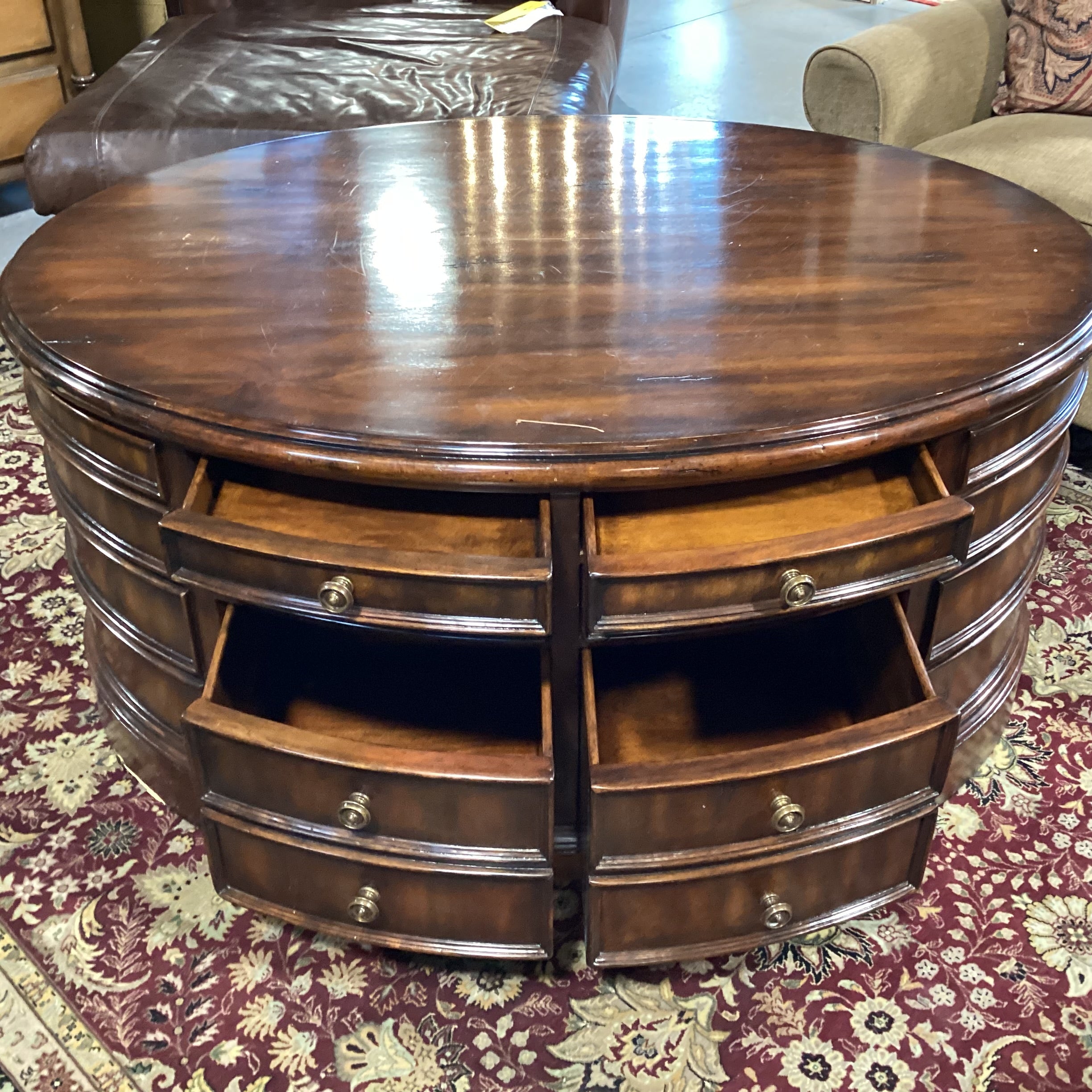 Theodore Alexander Style Oval Dark Finish 10 Drawer Coffee Table 48"x 36"x 23"