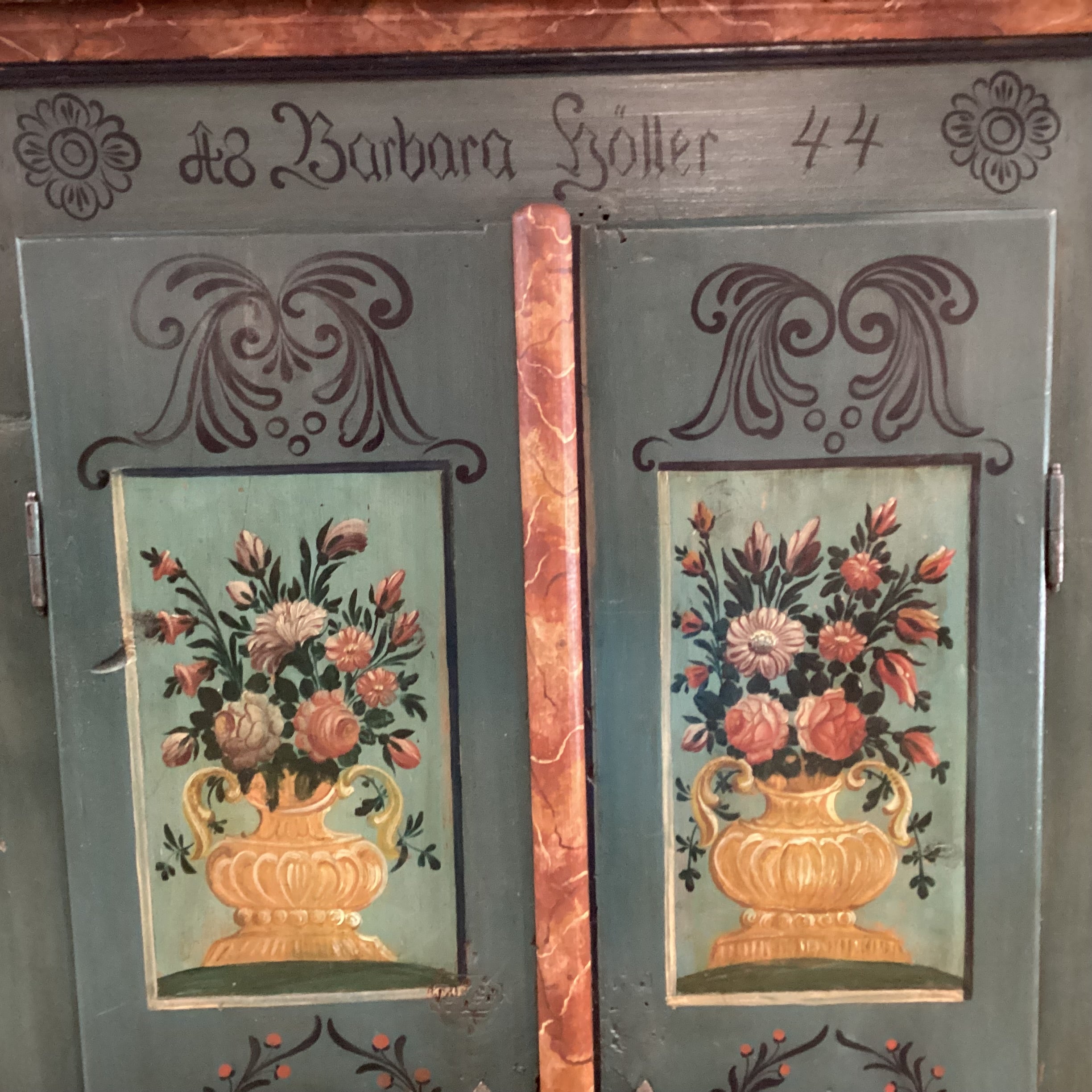 Antique Austrian Kitzbuhel Carved Wood & Hand Painted Floral 2 Door Armoire 50"x 26"x 71"