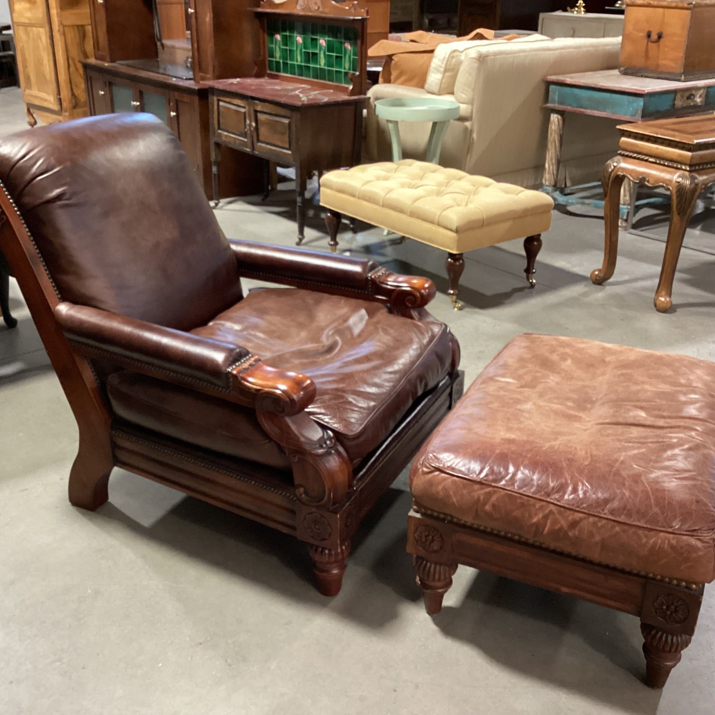 Carved Wood Leather Nailhead Down Mix with Ottoman Chair 36"x 44"x 40"