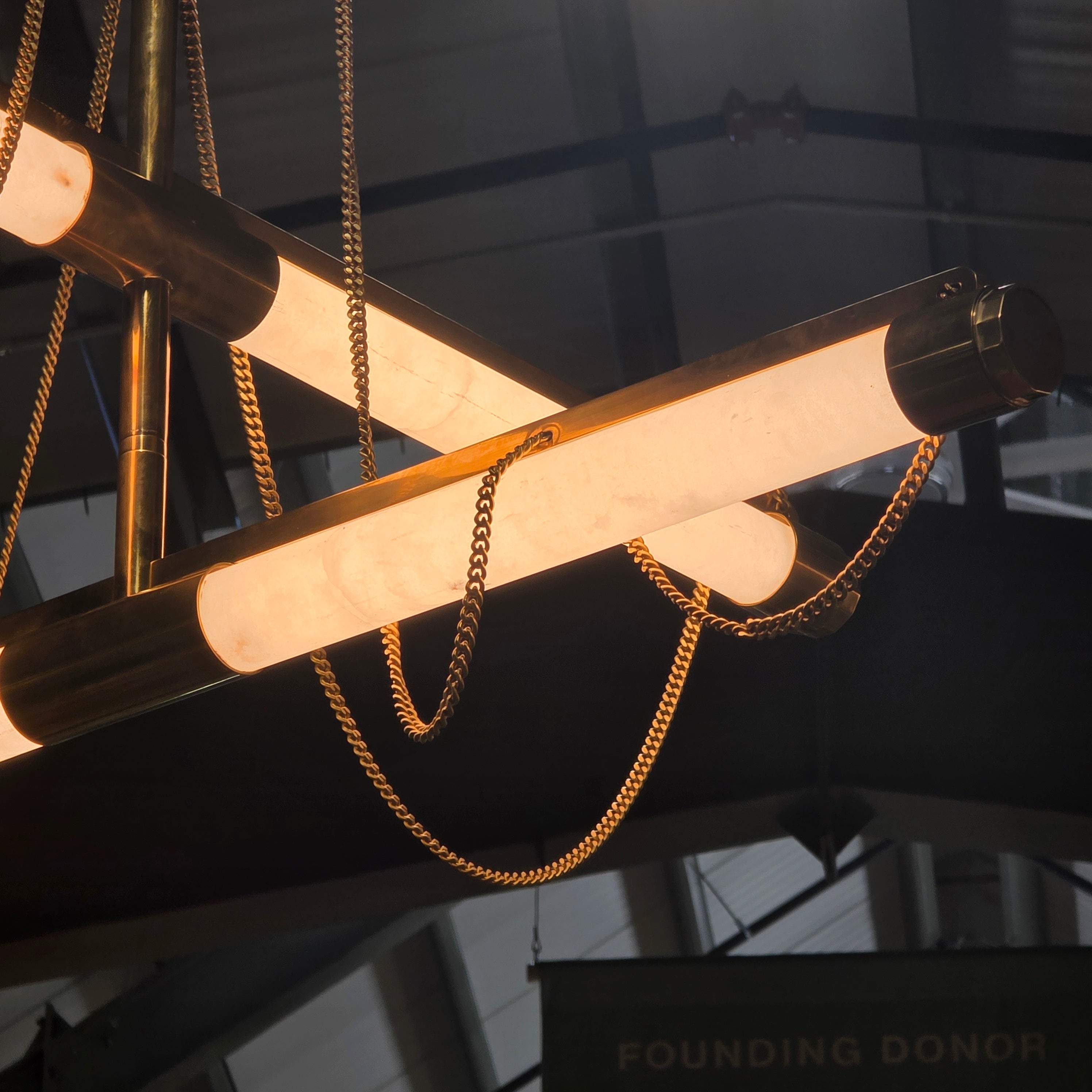 BRAND NEW Lariat Liner by Corbett Lighting with Gold, Gold Chains and Alabaster Stone Two Light Chandelier 48"x69"