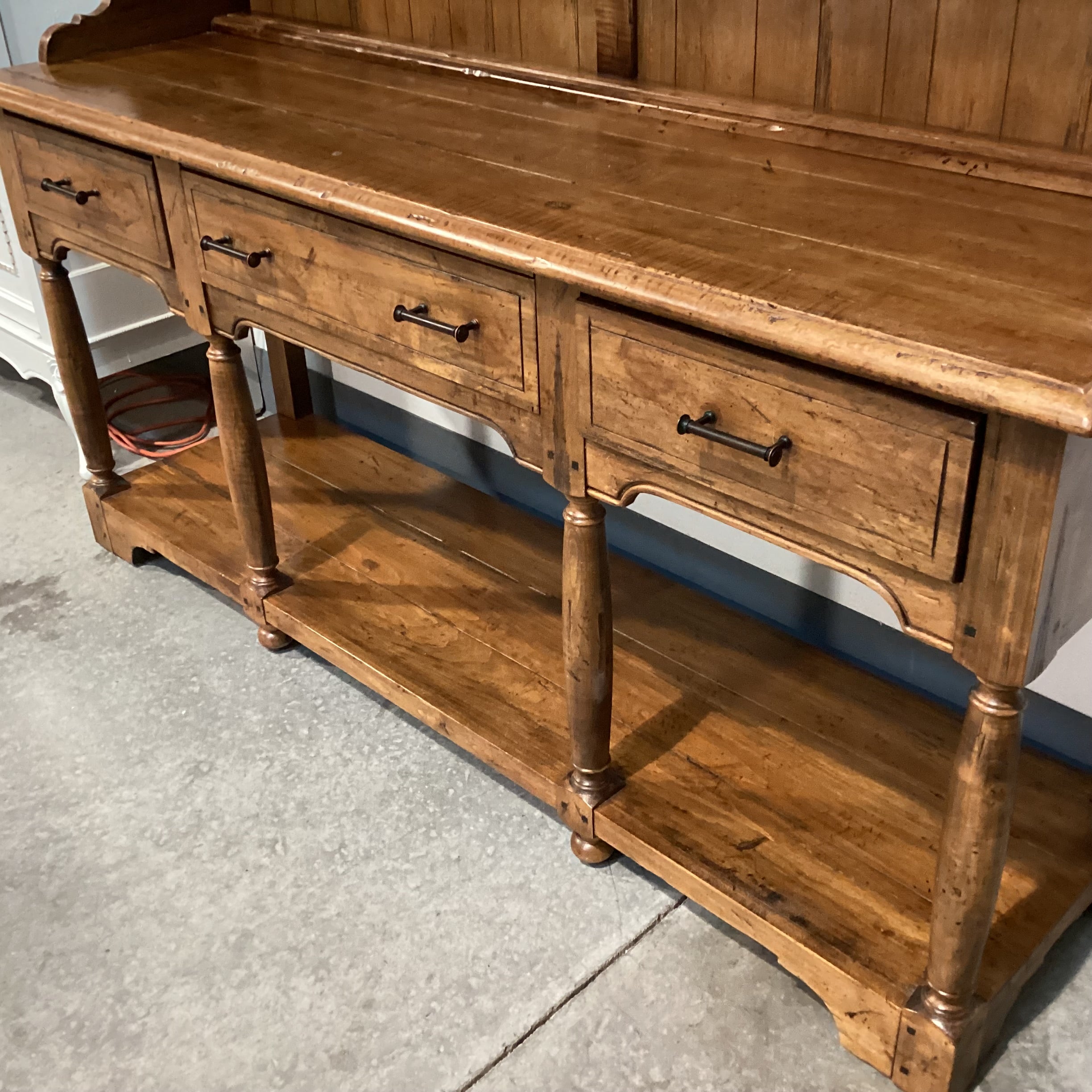 Ethan Allen Vintage Carved Distressed Wood 3 Drawers & Shelves 2 Piece China Hutch 65"x 19"x 82.5"