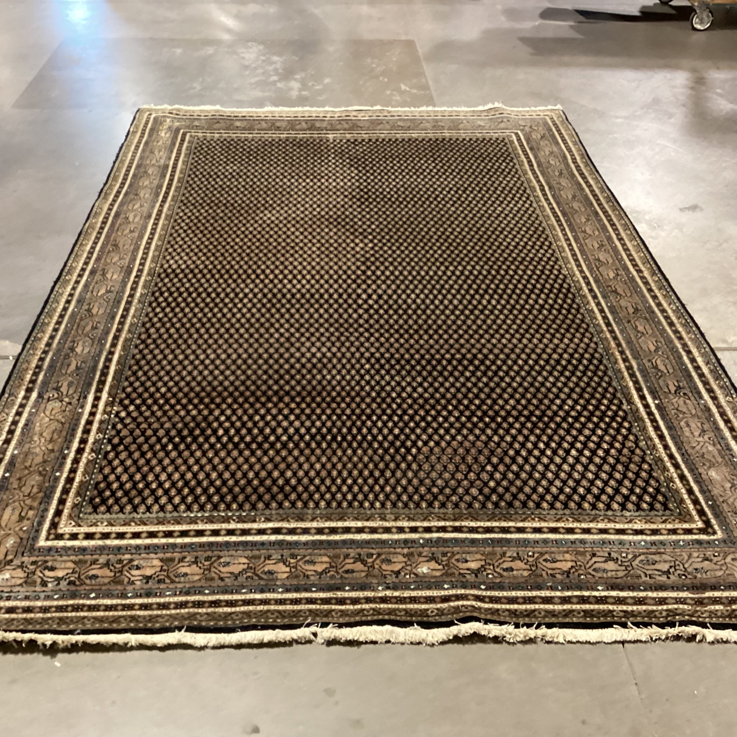 Cream Black Blue Taupe Olive Indo Mir Boteh Motif Hand Woven Wool Rug 6"x 9'4"