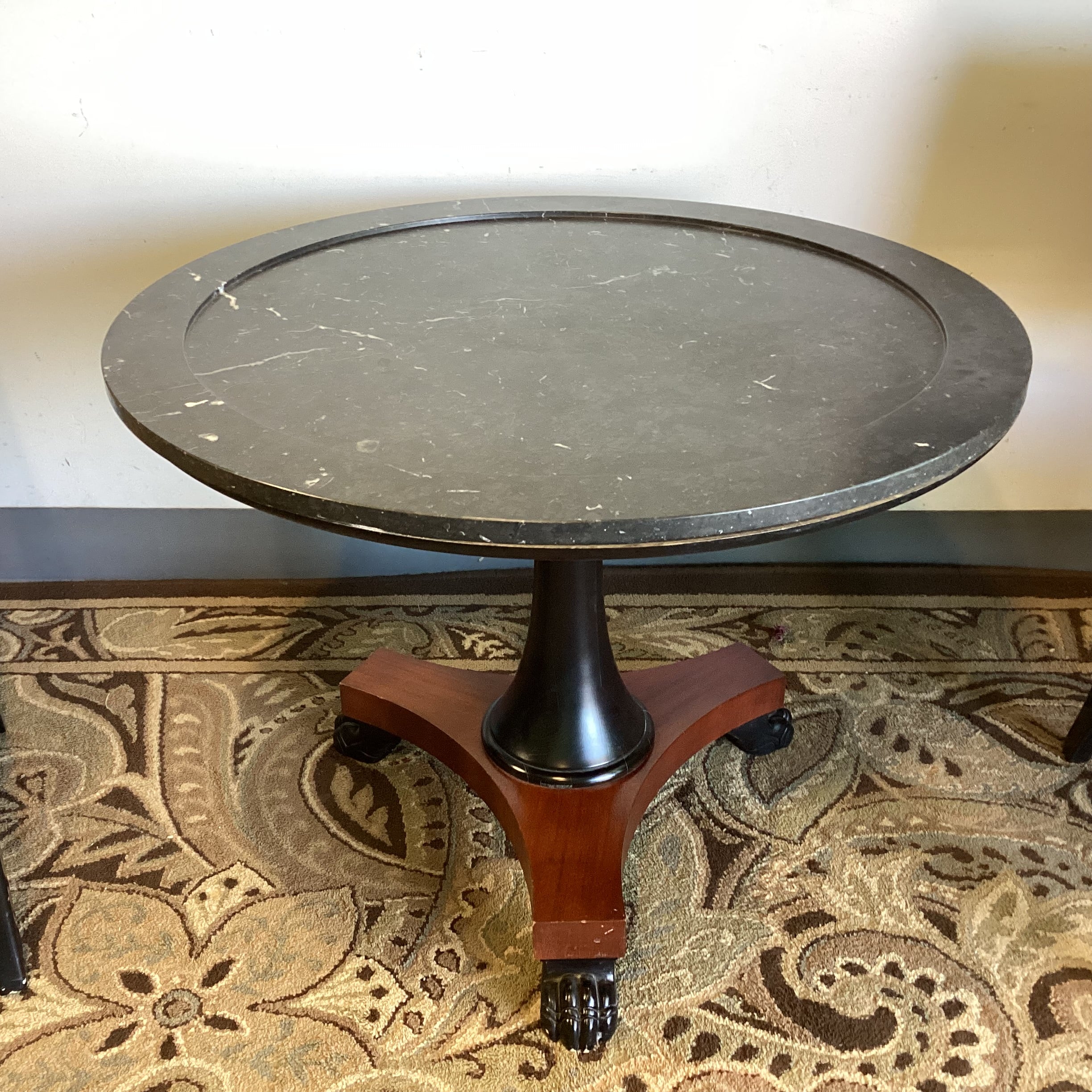 Ralph Lauren Round Black Marble Mahogany Pedestal with Carved Paw Feet Foyer Accent Table 38.5" Diameter x 28"
