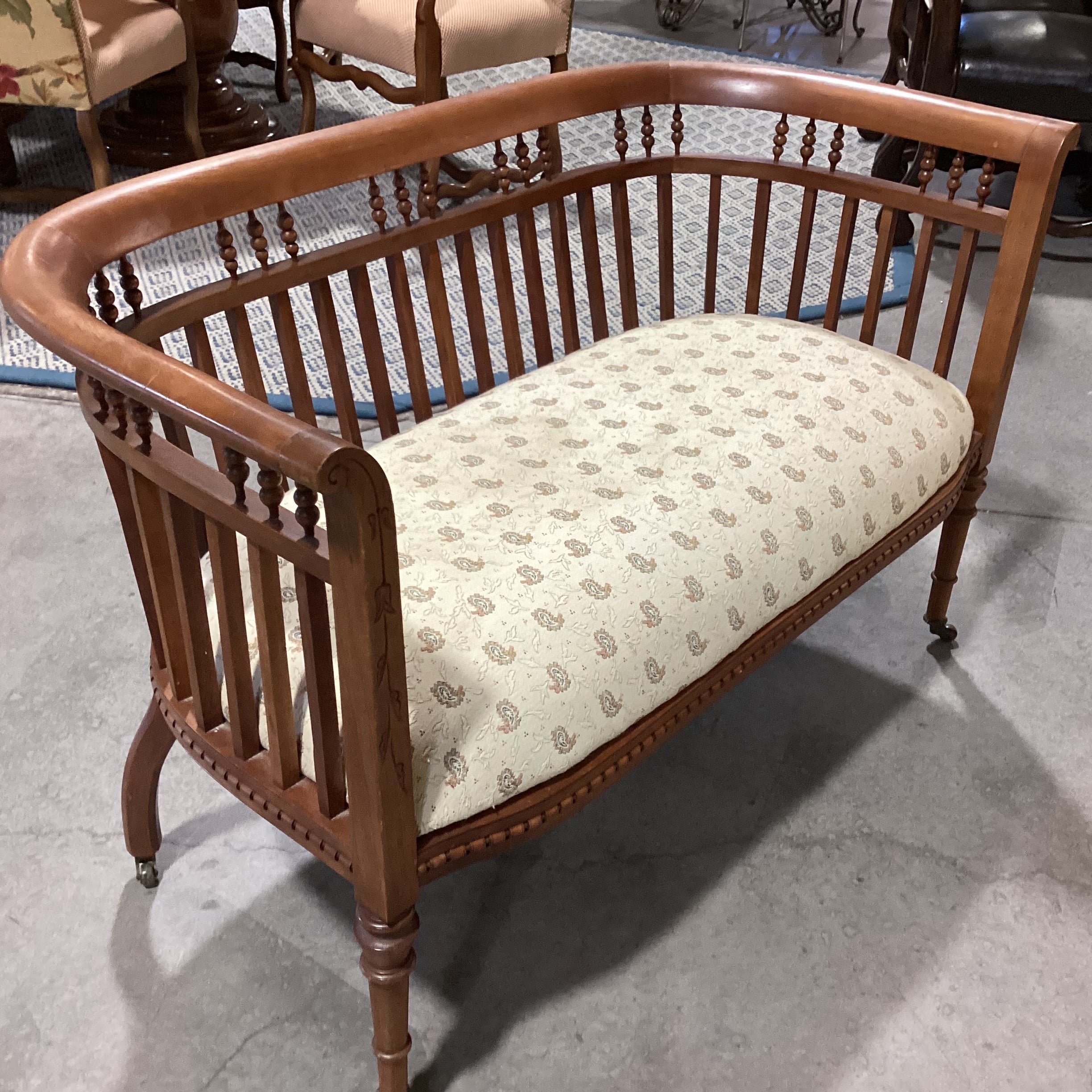 Antique Carved Wood Detail with Spindle Curved Back & Paisley Seat on Casters Bench 45"x 25"x 29"