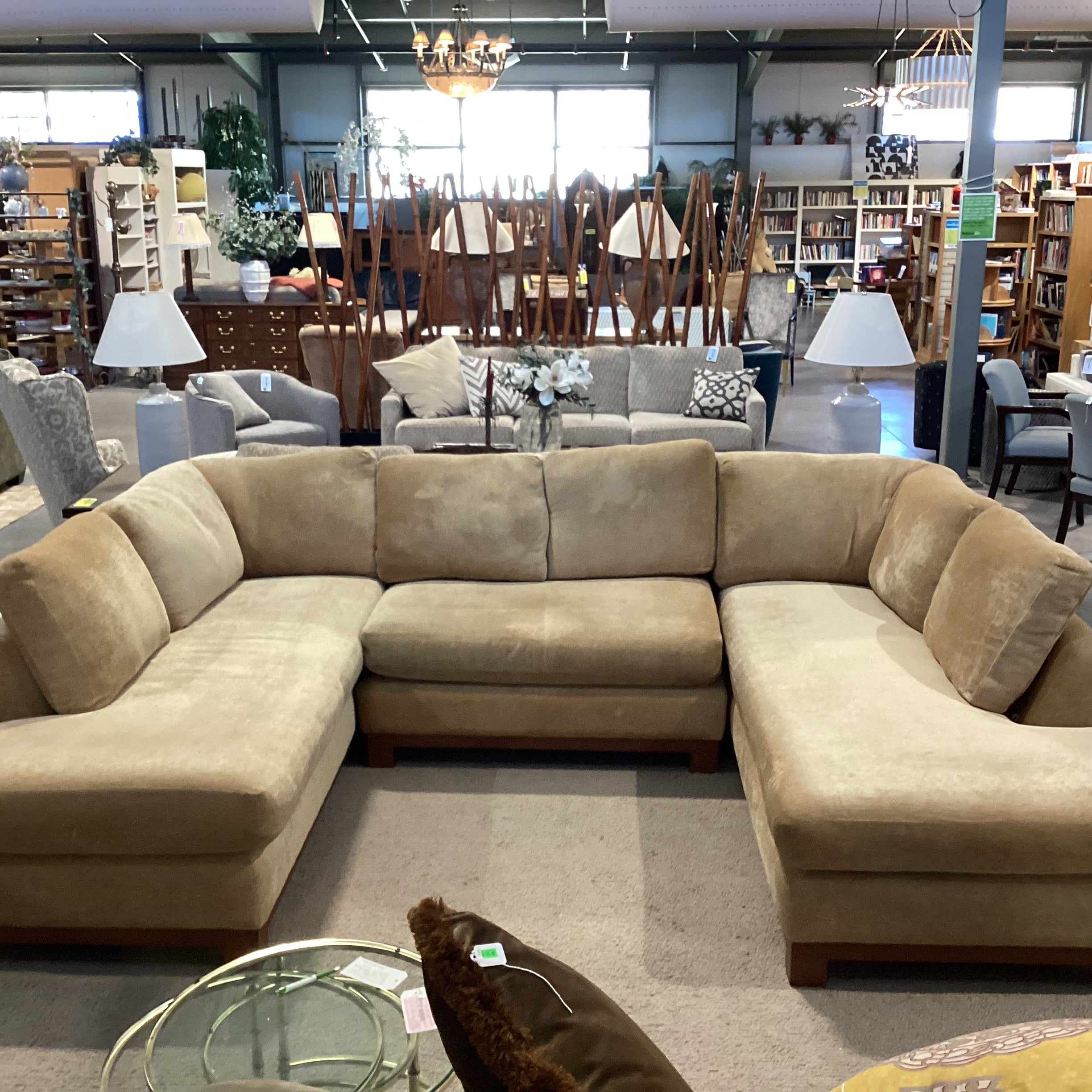 Golden Chenille Woven with Wood Base 3 Piece with End Chaises Sectional 84"x 121"x 84"x 37"x 28"