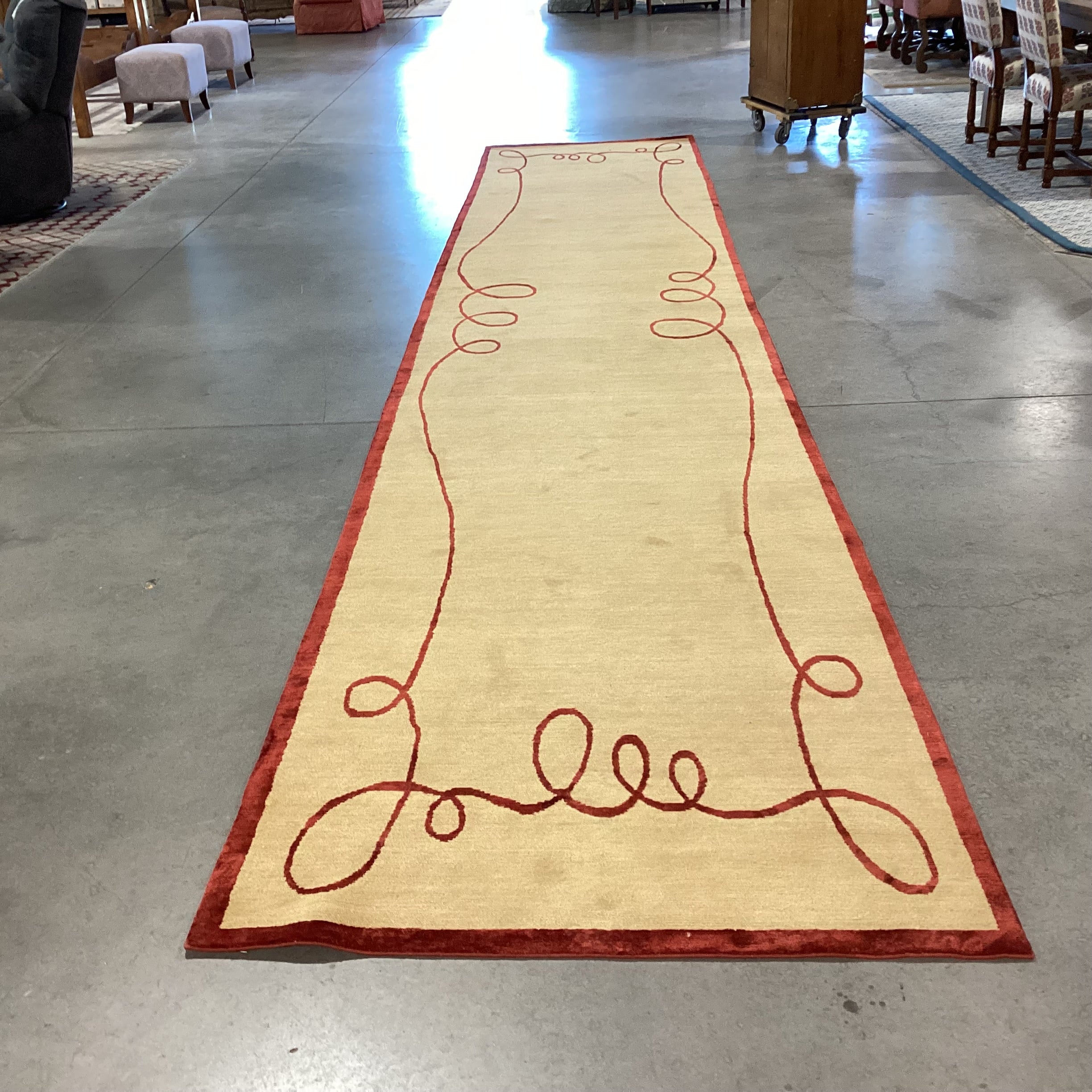 Gold & Rust Red Ribbon Hand Knotted Hand Spun Wool Custom Made in Nepal Rug 4'x 21'6"