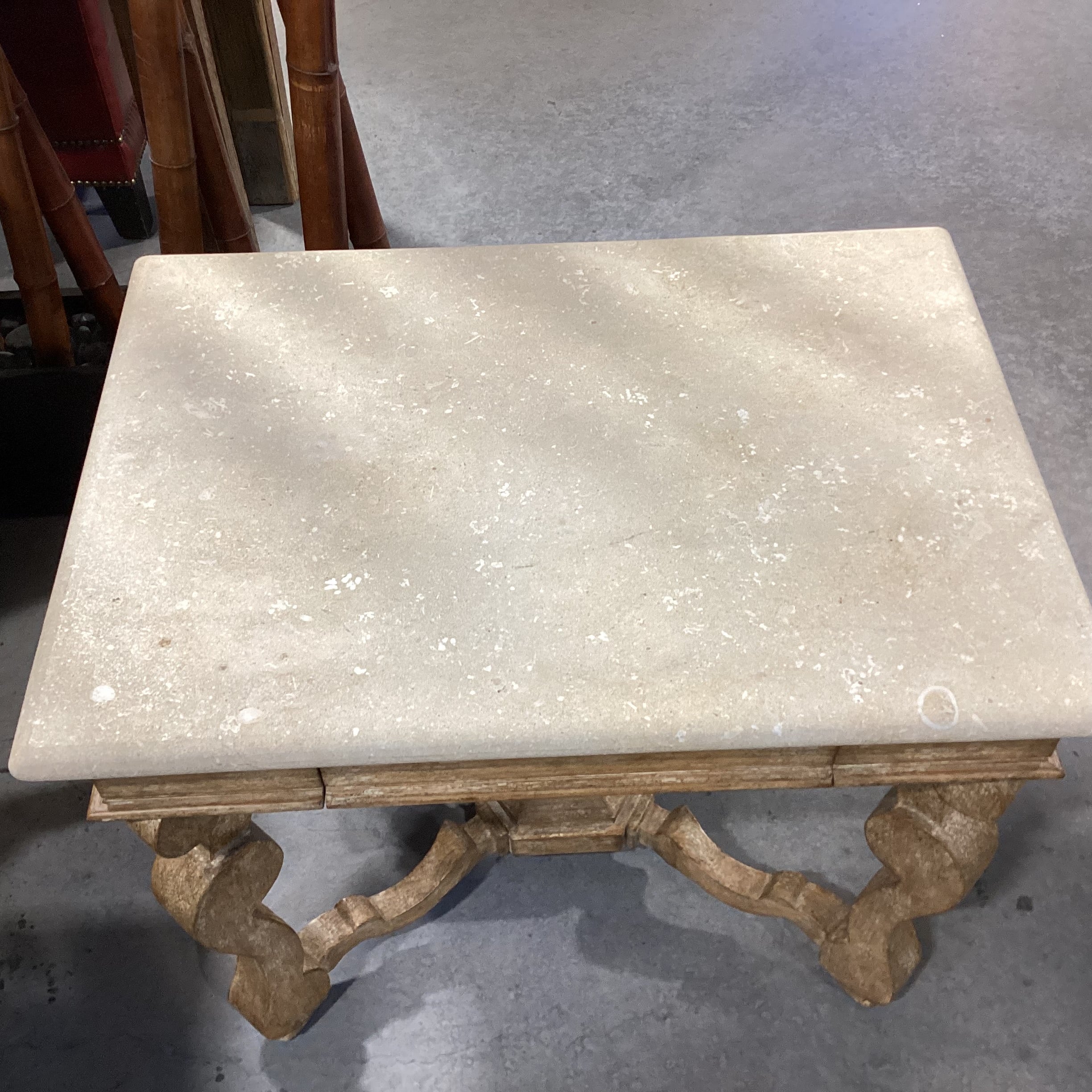 Blonde Antiqued Distressed Finish Carved Wood & Stone End Table 28"x 20"x 24"