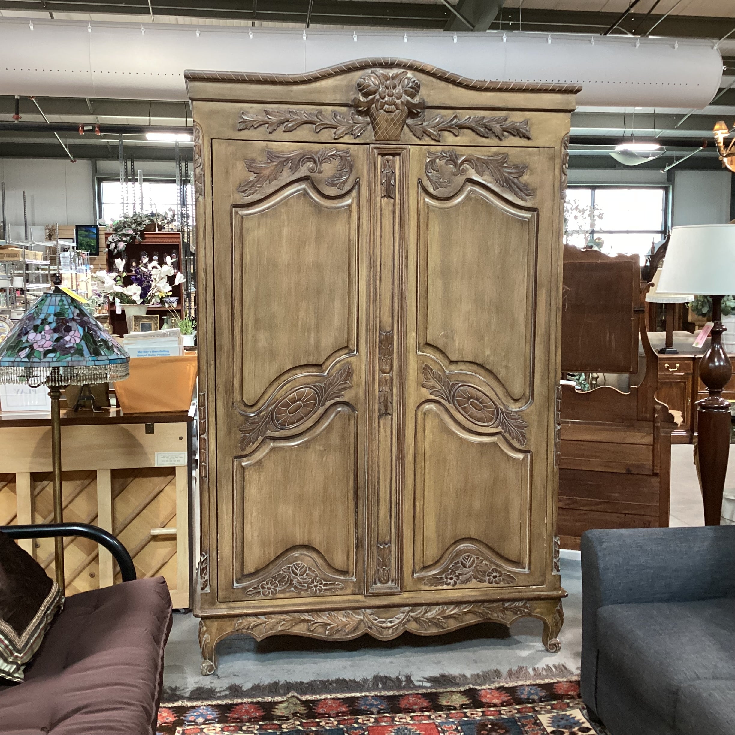 French Provincial Carved Wood with Light Washed Finish 2 Door 3 Drawer Armoire 60"x 26"x 93"