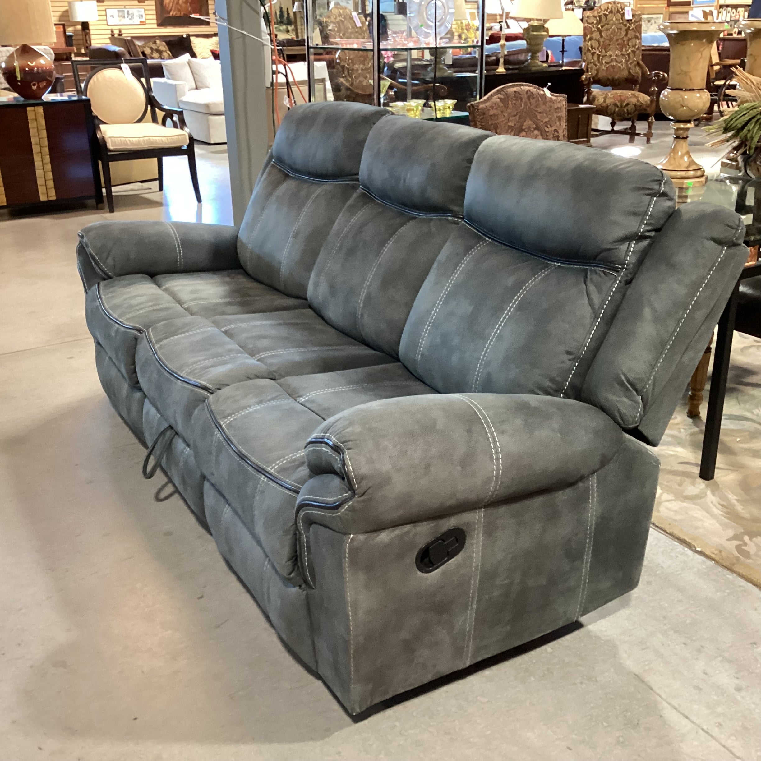 Textured Slate Grey Ultra Suede with Piping & Stitching Accent Double Recliner with Outlet Console Sofa 89"x 39" to 55"x 41"