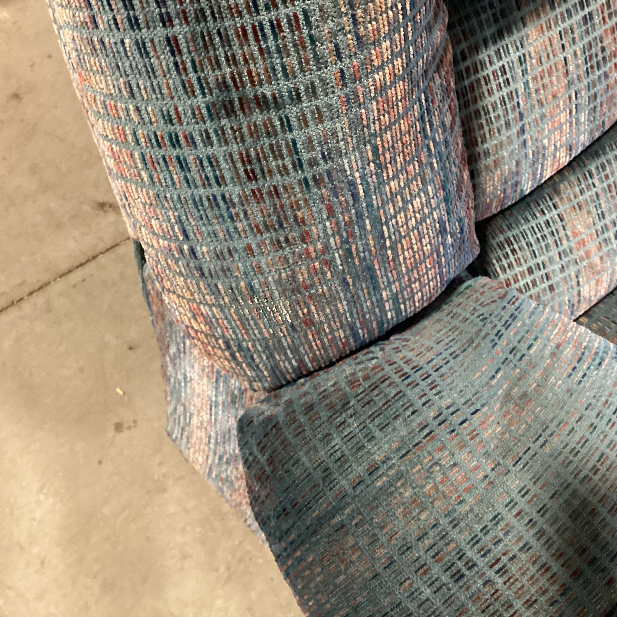 Action Industries Teal Blue with Light Red Grid Woven Double Recliner Sofa 96"x 38"x 37"