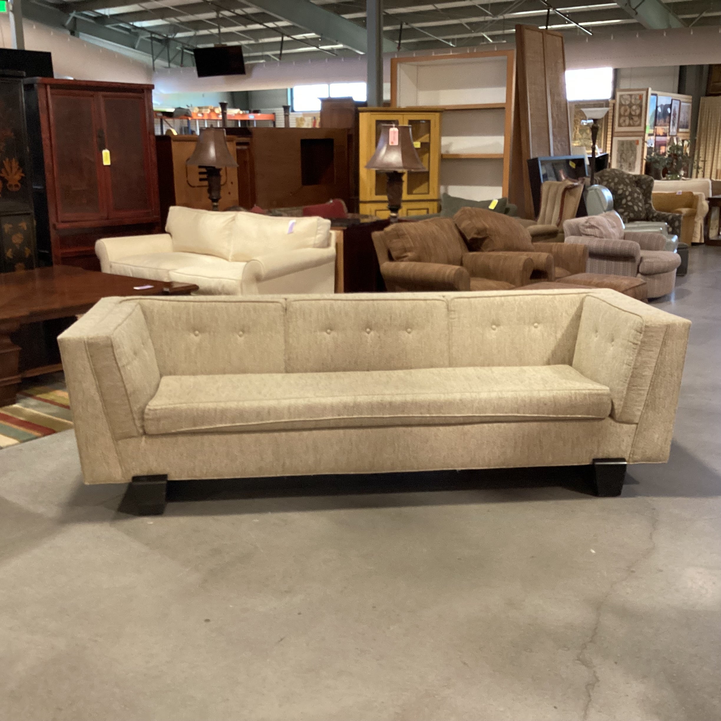 Vintage Asian Inspired Beige Woven Black Finished Wood Rail Base Sofa 98"x 37"x 29"
