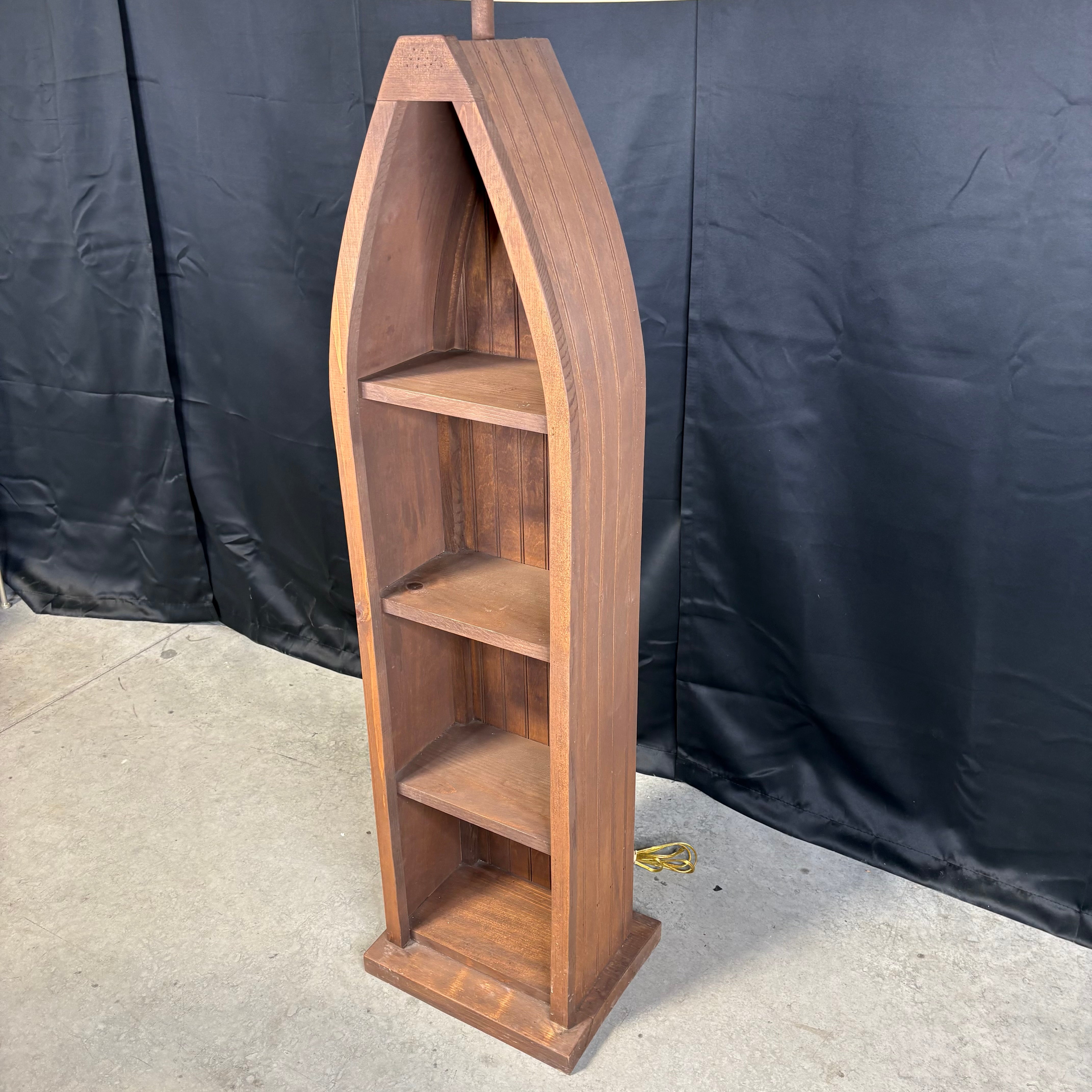 Black Forest Style Wood Canoe Bookcase with Fish Painted Shade Floor Lamp 22” Diameter @ Shade x 61”