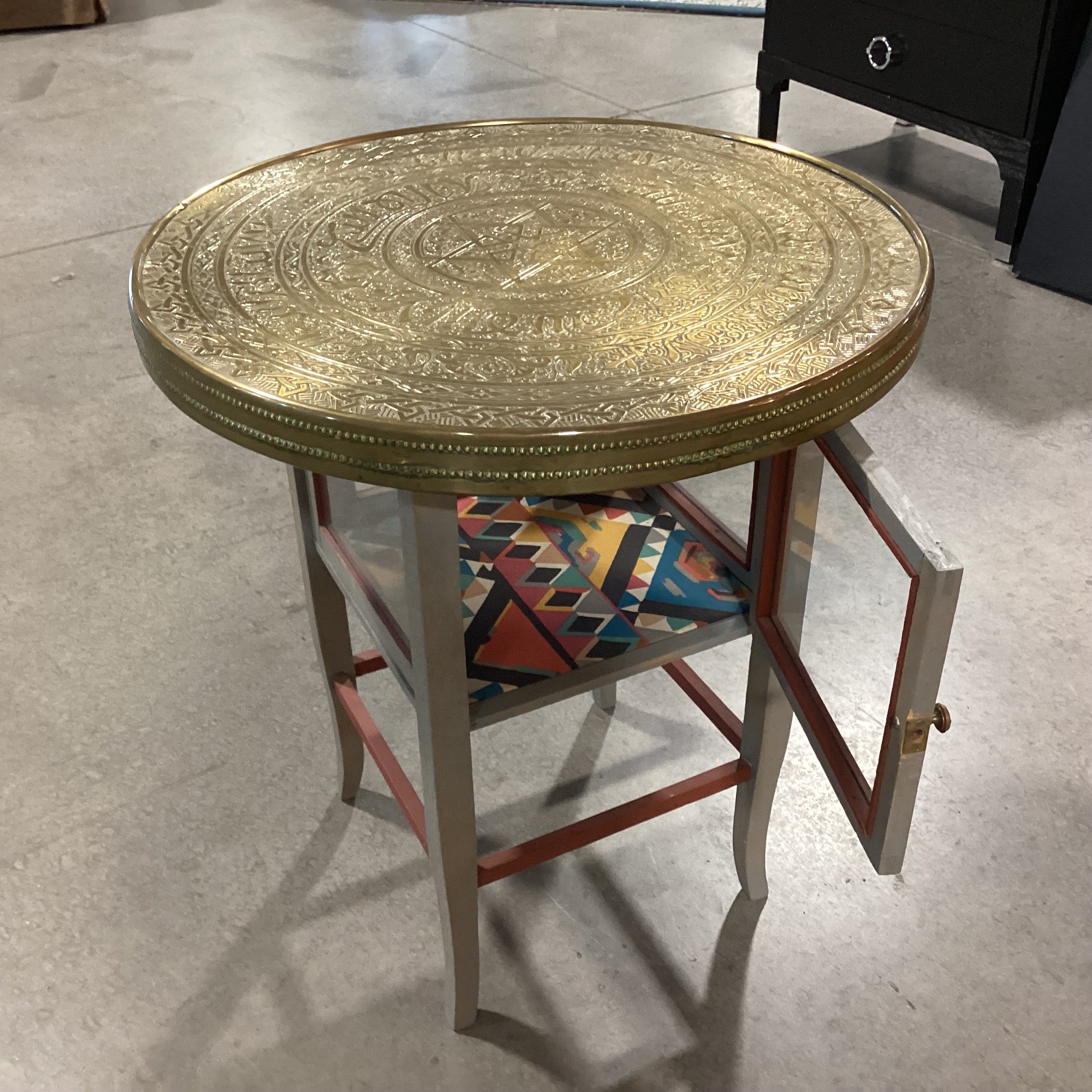 Middle East Brass Tray Top & Wood Glass 1 Door Base Accent Table 24" Diameter x 26"