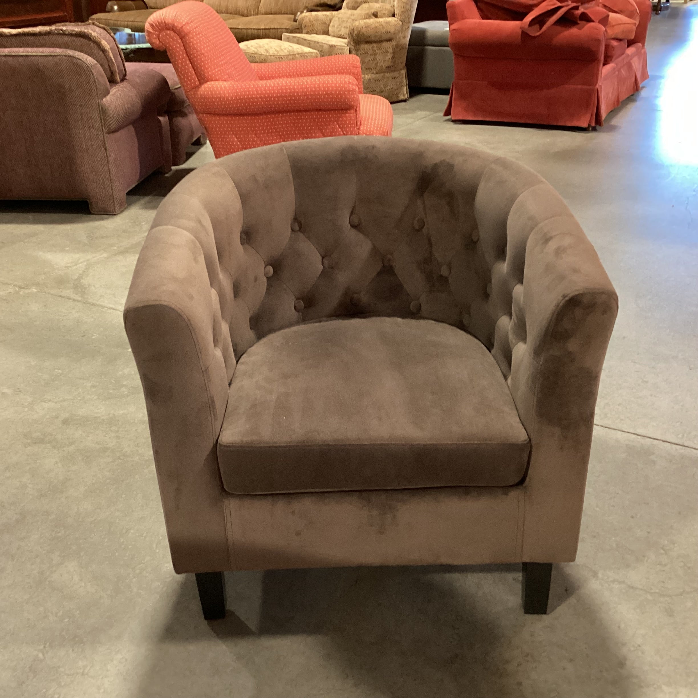 Taupe Brown Plush Velvet Button Tufted Barrel Chair 30"x 28"x 30"