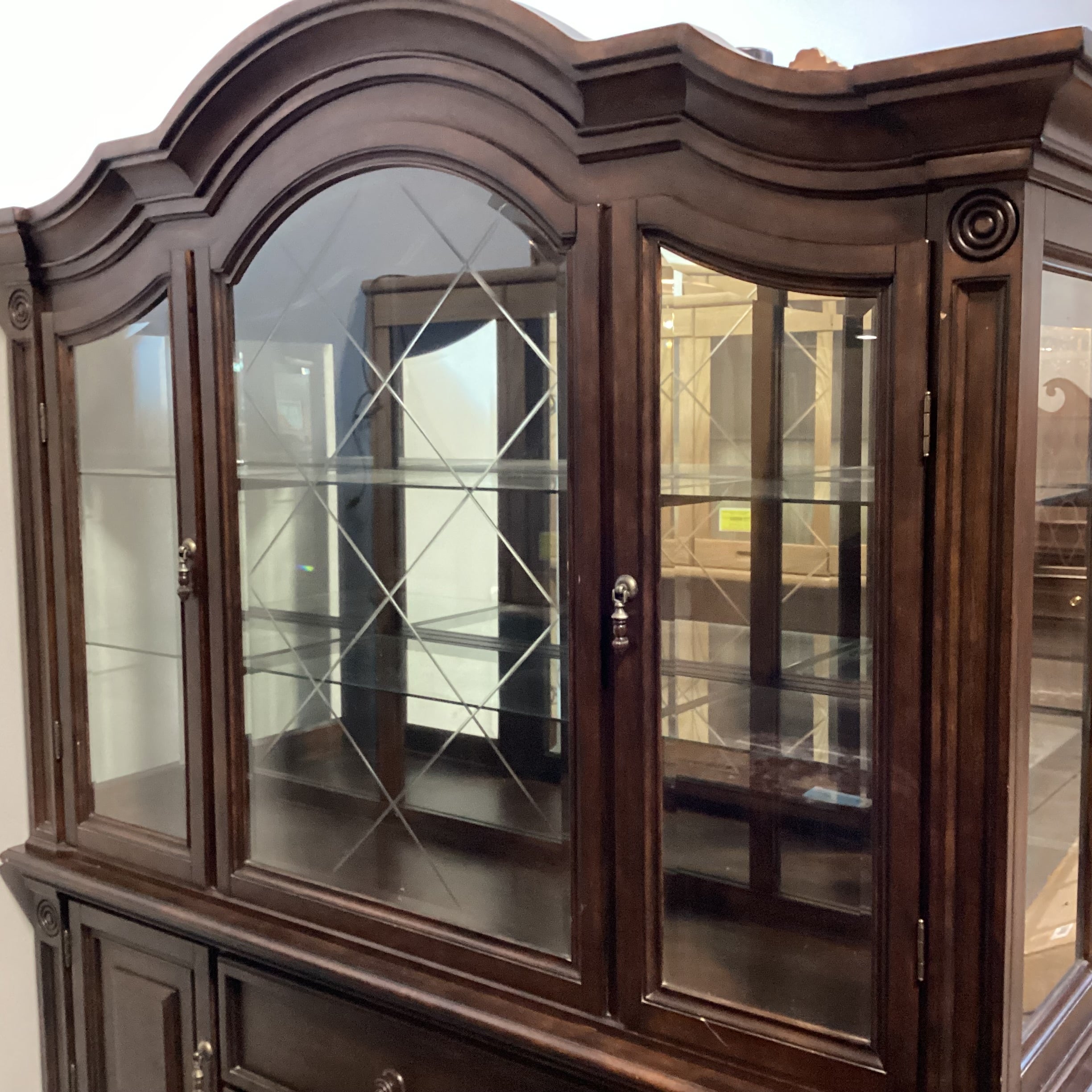 Dark Finish Wood & Glass 5 Drawer 4 Door 2 Piece China Hutch 69"x 18"x 88"