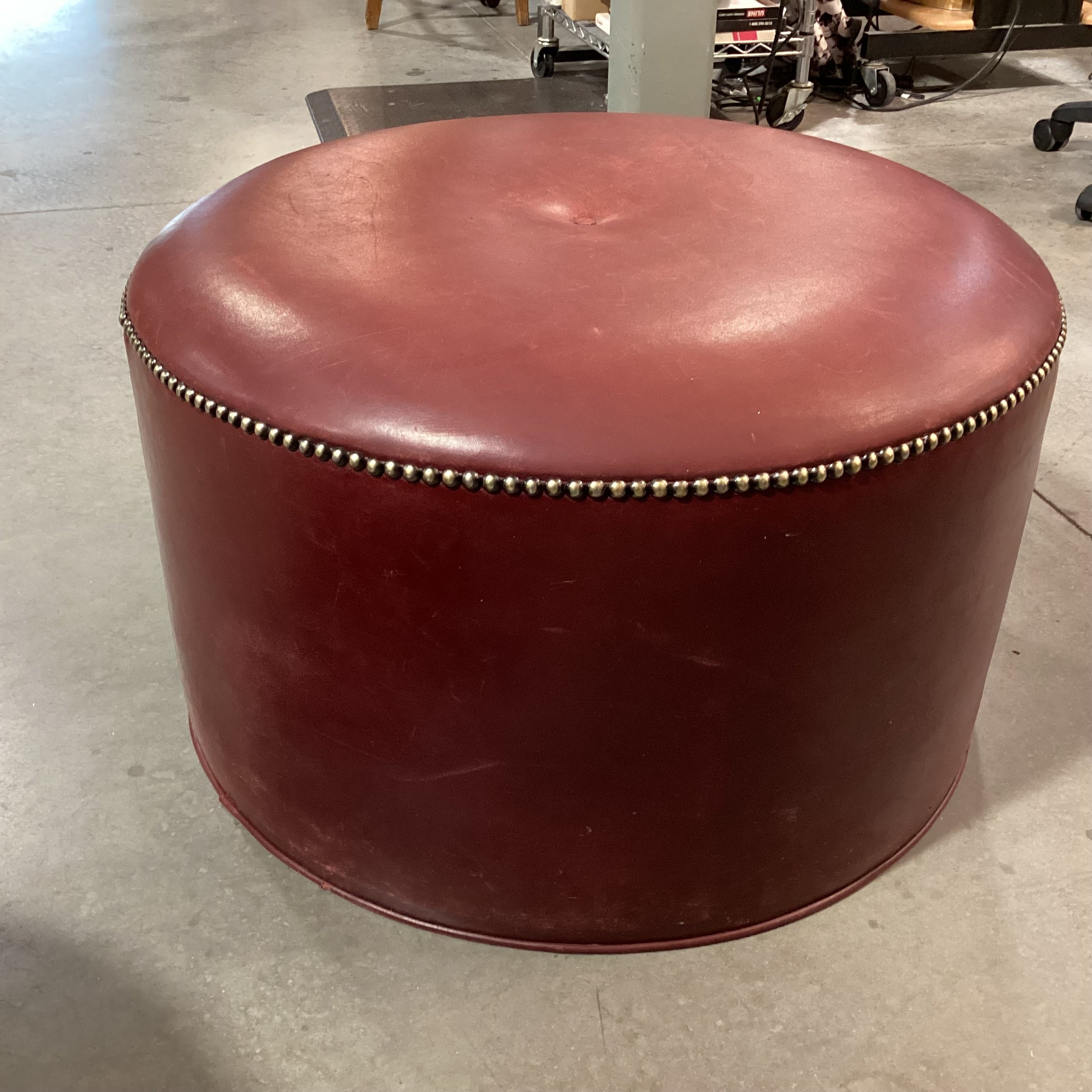 Stewart Furniture Design Red Tone Leather Nailhead Round Ottoman 27" Diameter x 16"