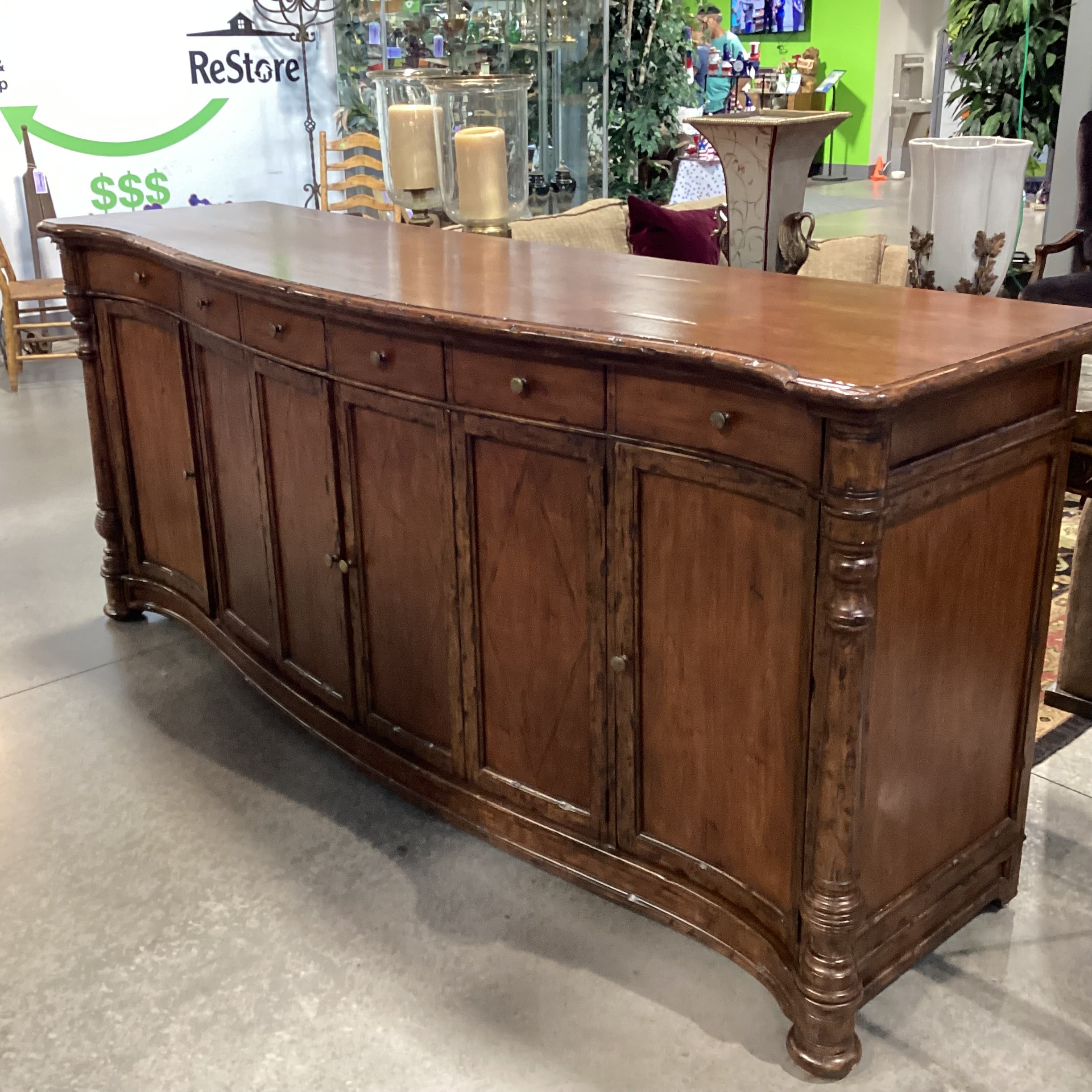 Solid Distressed Finished Carved Wood 4 Door 6 Drawer Sideboard 100.5"x 27"x 43"
