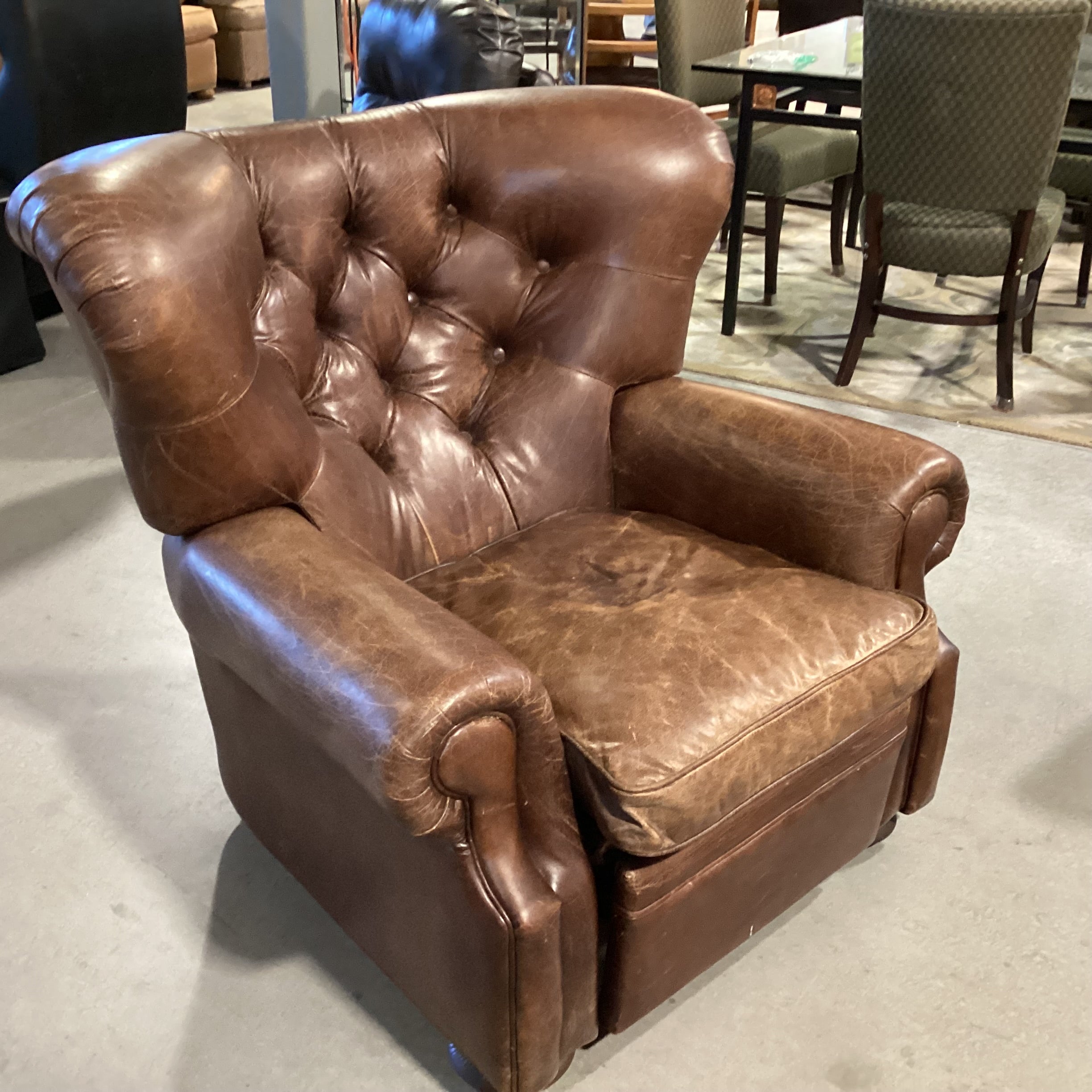 Restoration Hardware Distressed Leather Tufted Recliner Chair 42"x 42" to 64"x 38"