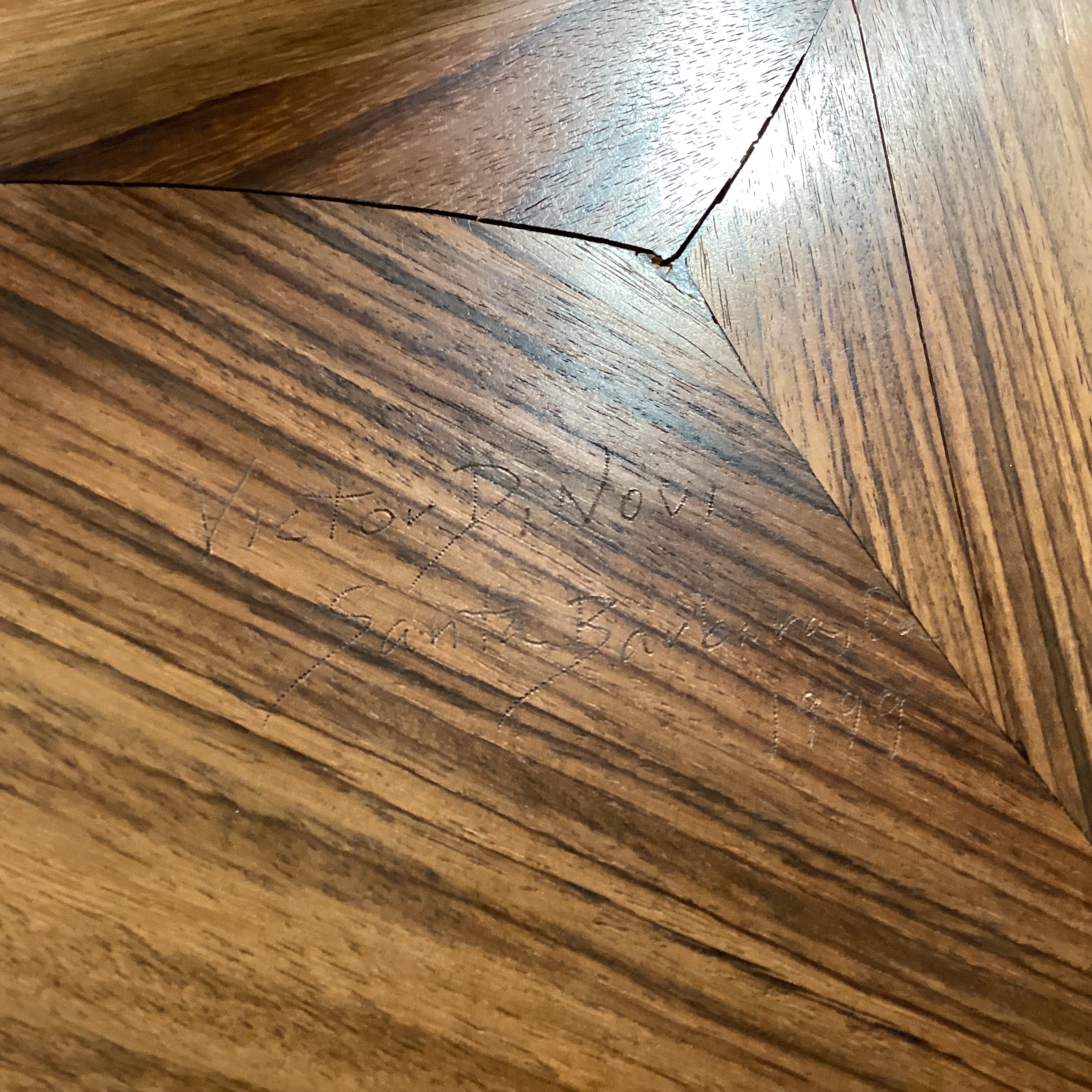 Victor Dinovi 1999 Walnut Triangular Accent Table 24"x 24"x 40"