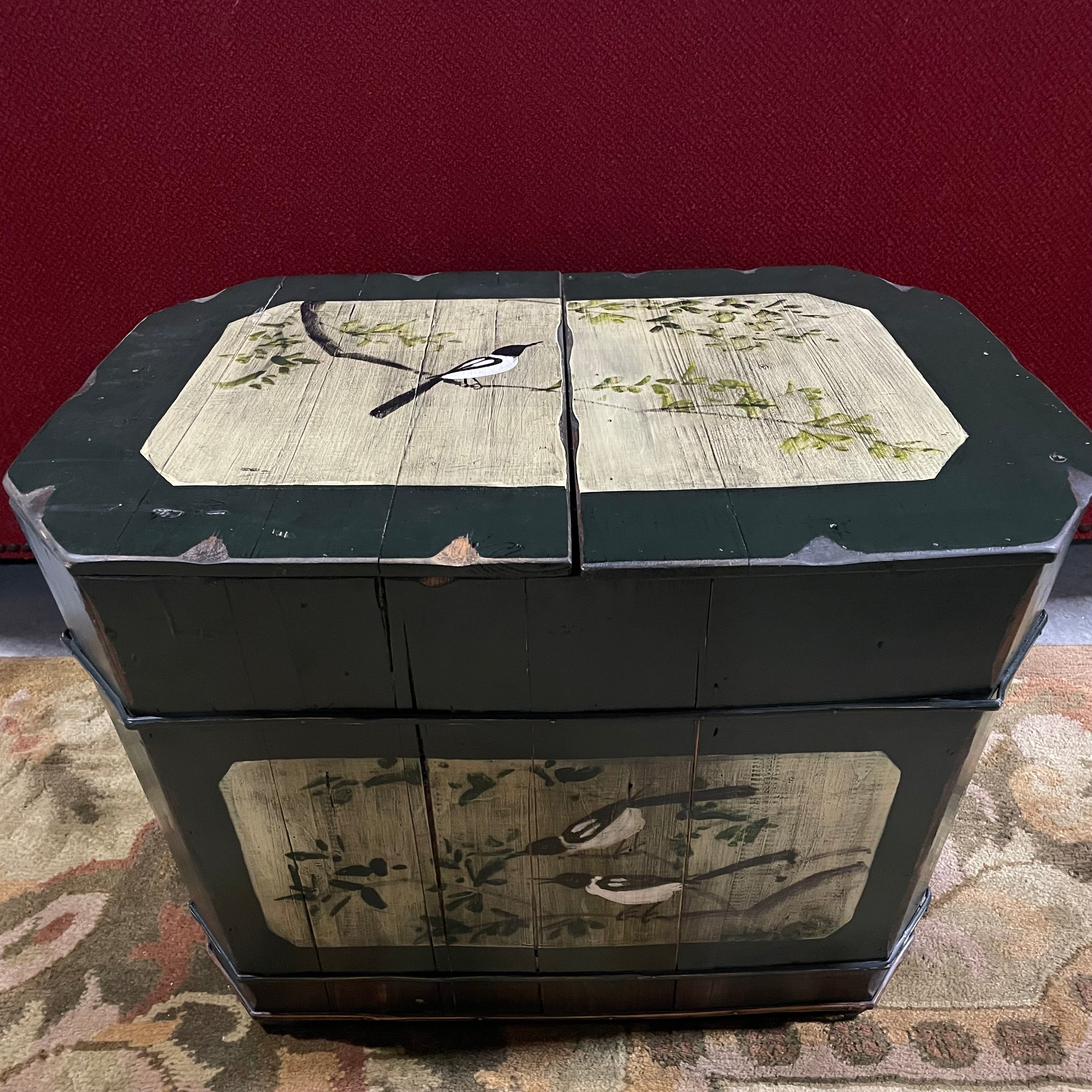 Vintage Asian Handpainted Birds Calligraphy Lined Wedding Trunk with Handles,"25 x 15" x 17.25"
