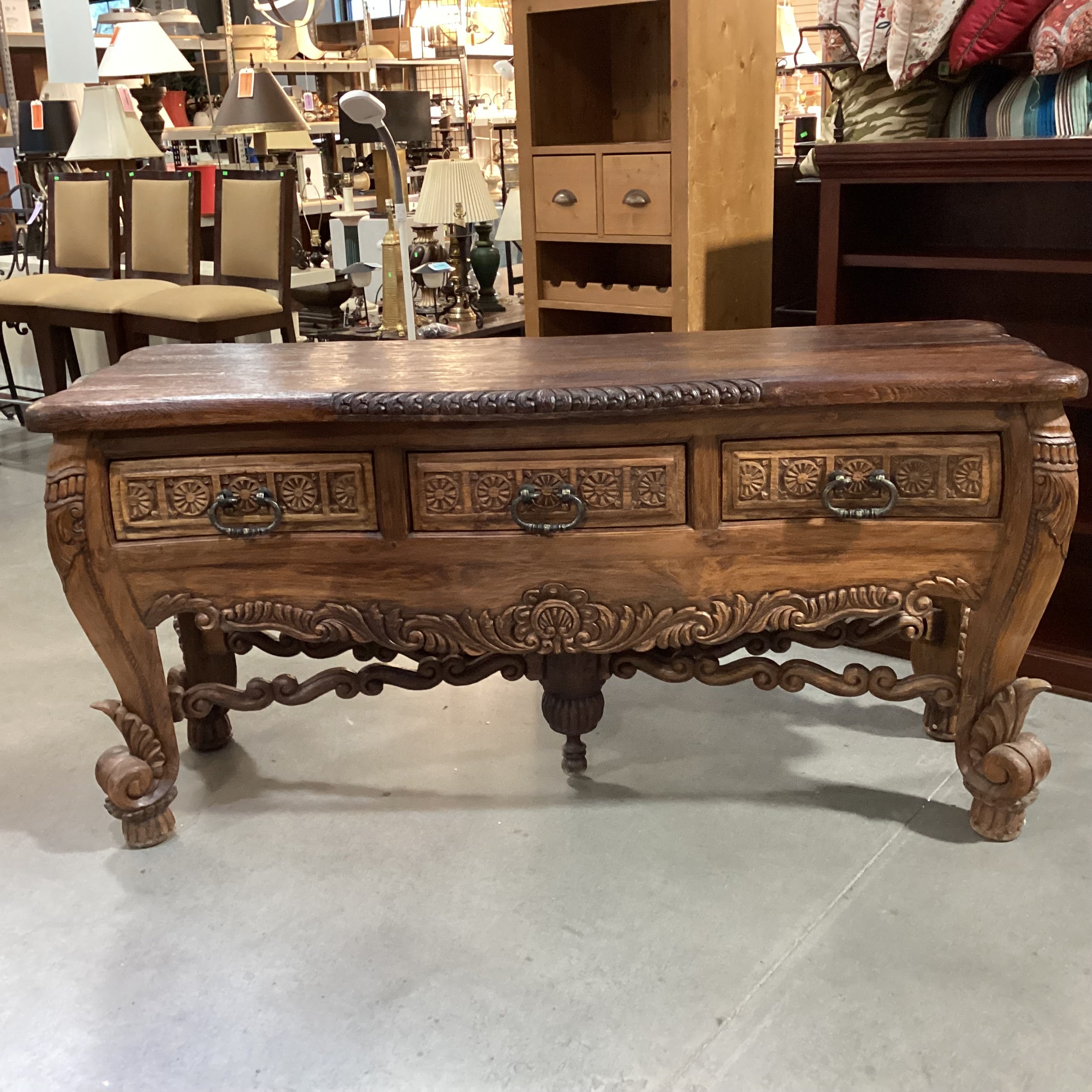 Rustic Western Hand Carved Solid Wood with Ornate Trestle 3 Drawer Accent Table 72"x 24"x 35.5"