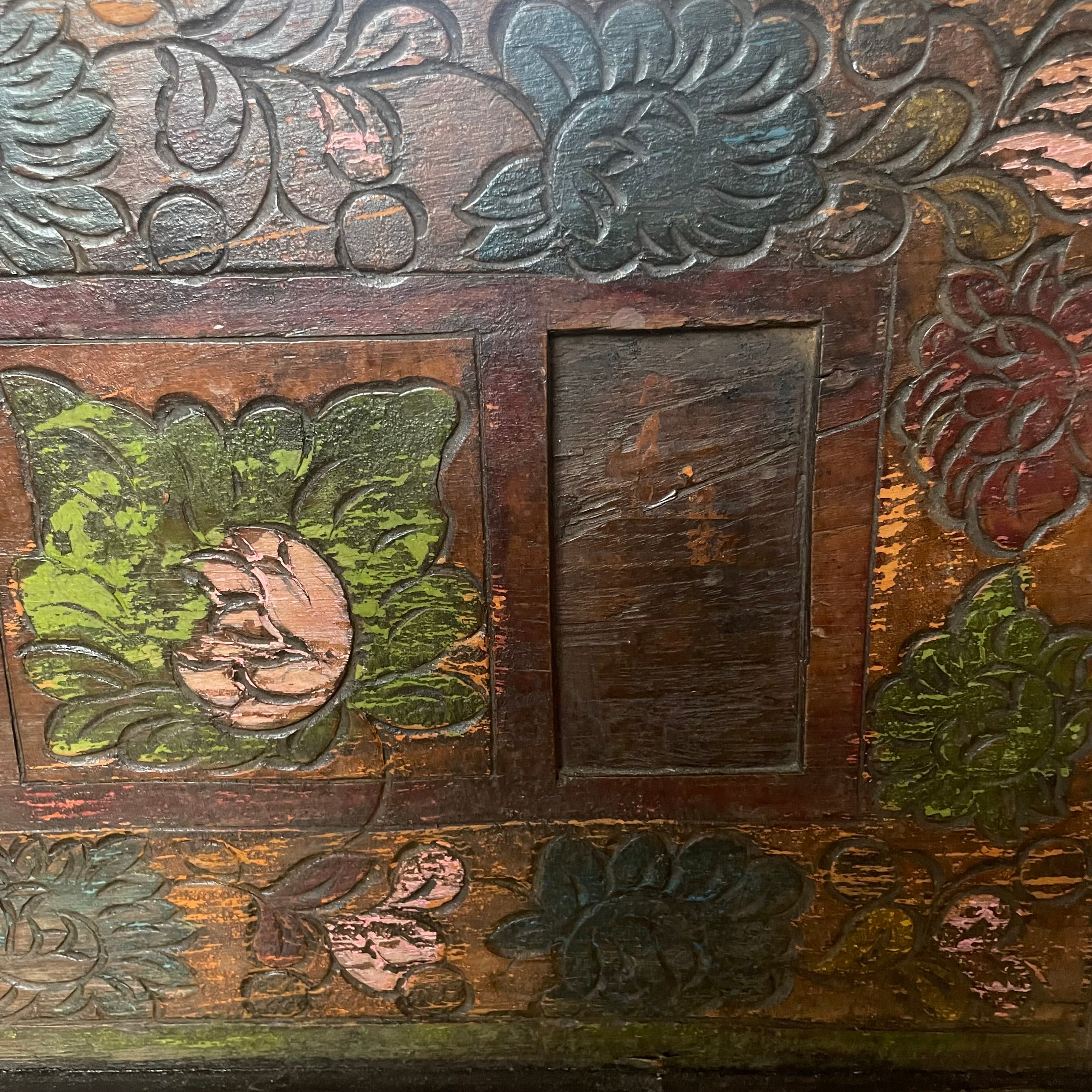 Antique Hand Painted Tibetan Wood, Iron Handles Small Travel Trunk, 23"x 10.5"x 10.75"