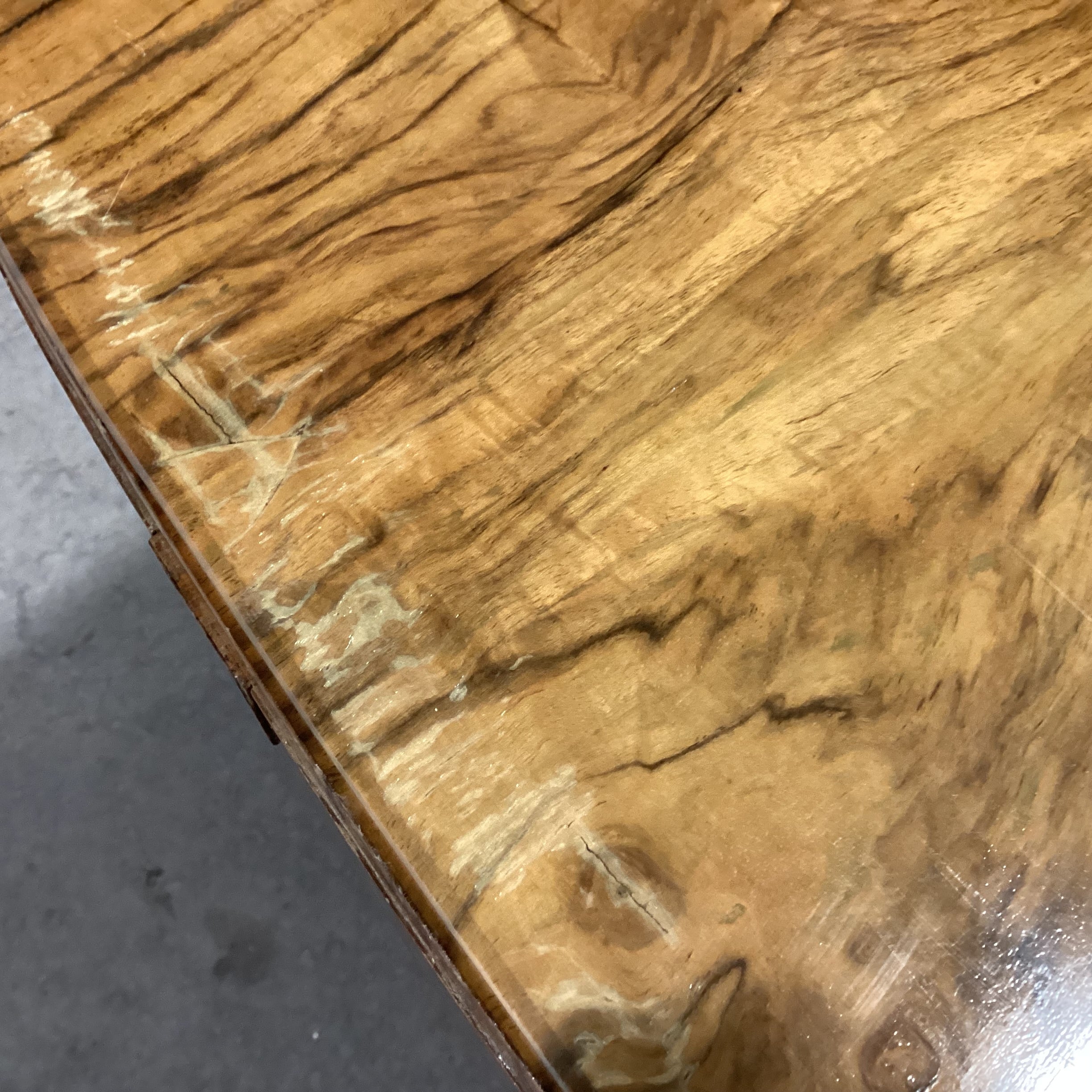 Vintage Art Deco Style Burl Maple Book Matched with Glass Top Accent Table 36"x 33"x 29.5"