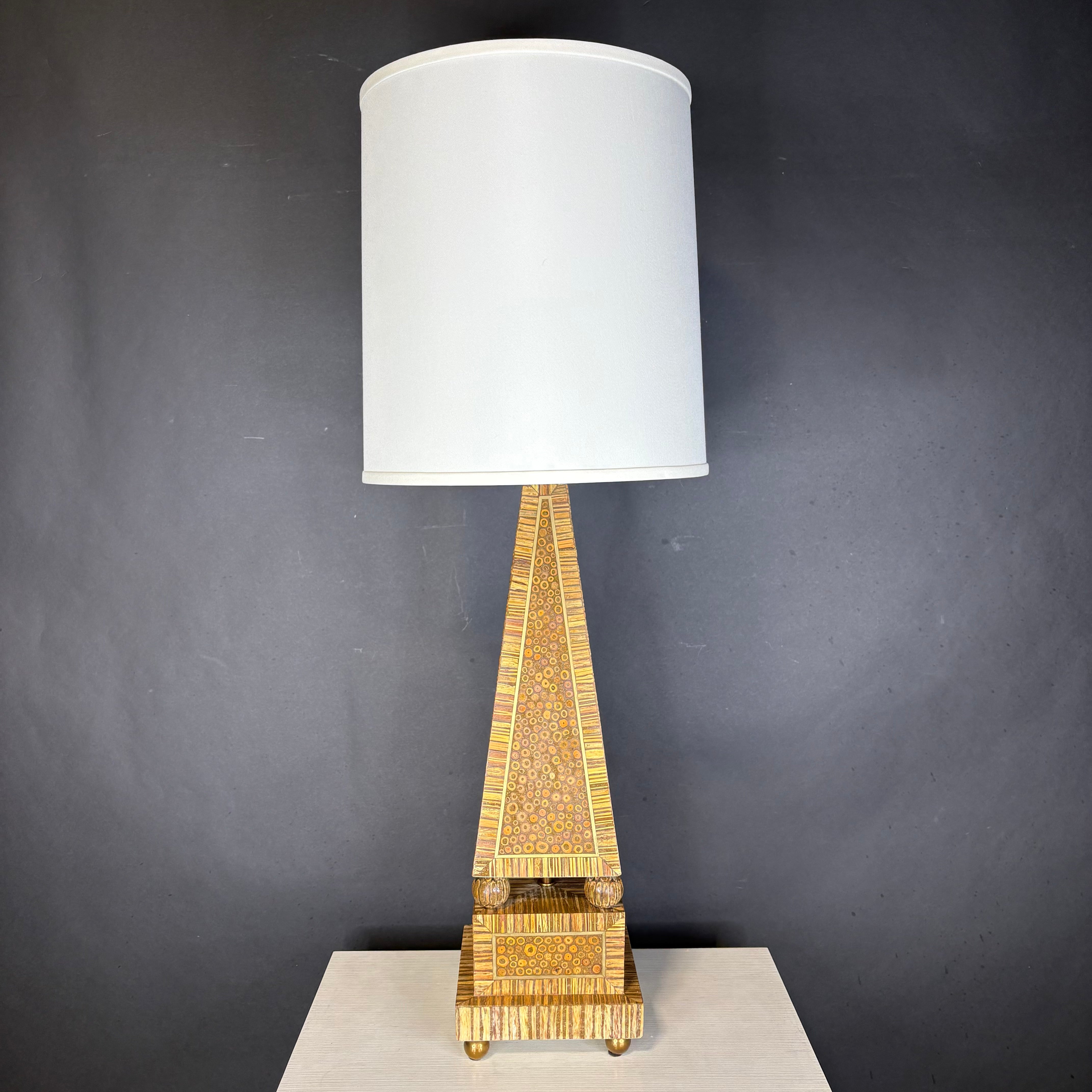Maitland Smith Obelisk Multi-Wood Inlay and Brass with Shade Table Lamp 13” Diameter @ Shade x 37”