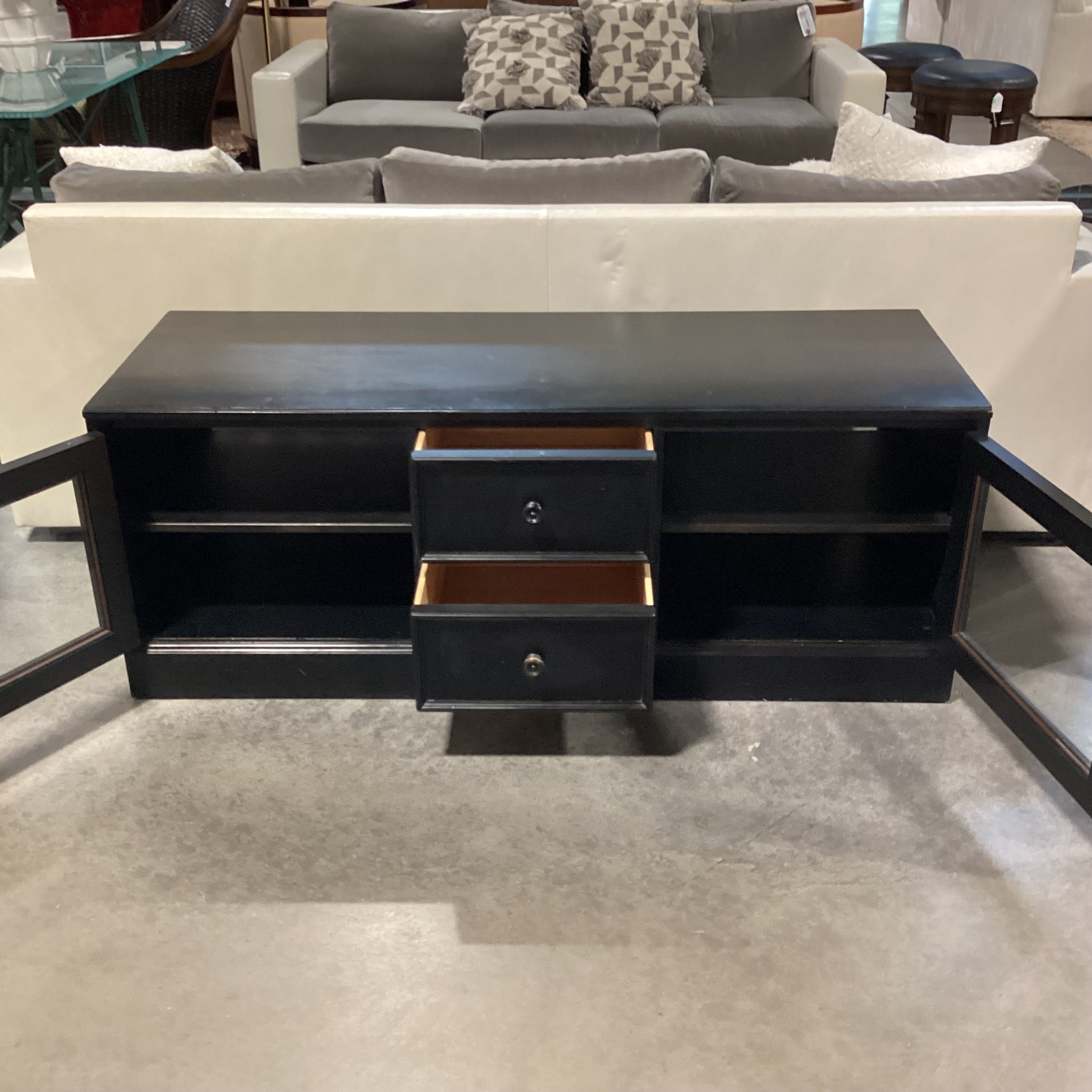 Ethan Allen New Country Distressed Black Wood 2 Glass Door with Shelves 2 Drawer Console 60"x 21.5"x 23"
