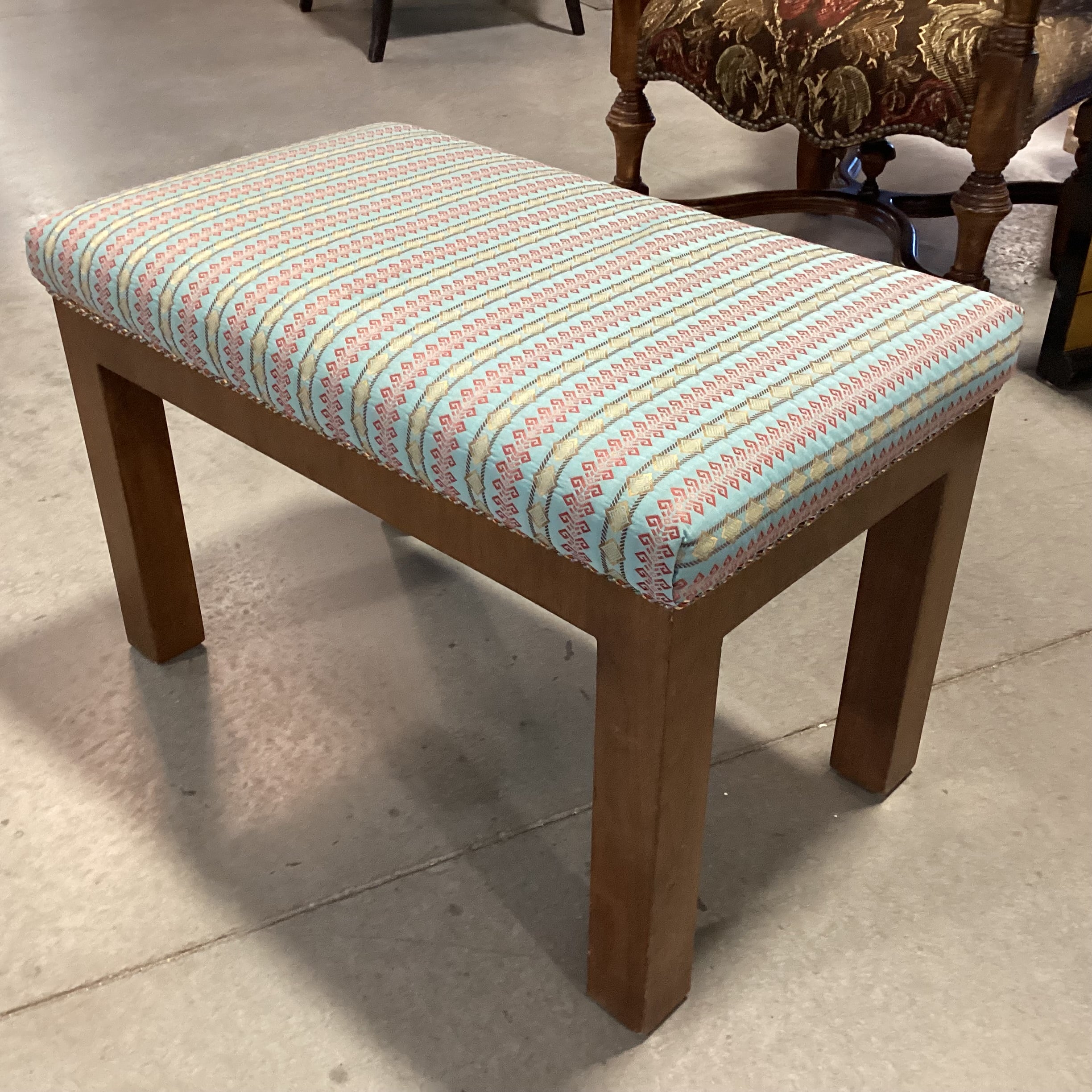 Blue Red & Gold Ribbon Style Fabric & Wood Bench 29.5"x 17.5"x 19.5"
