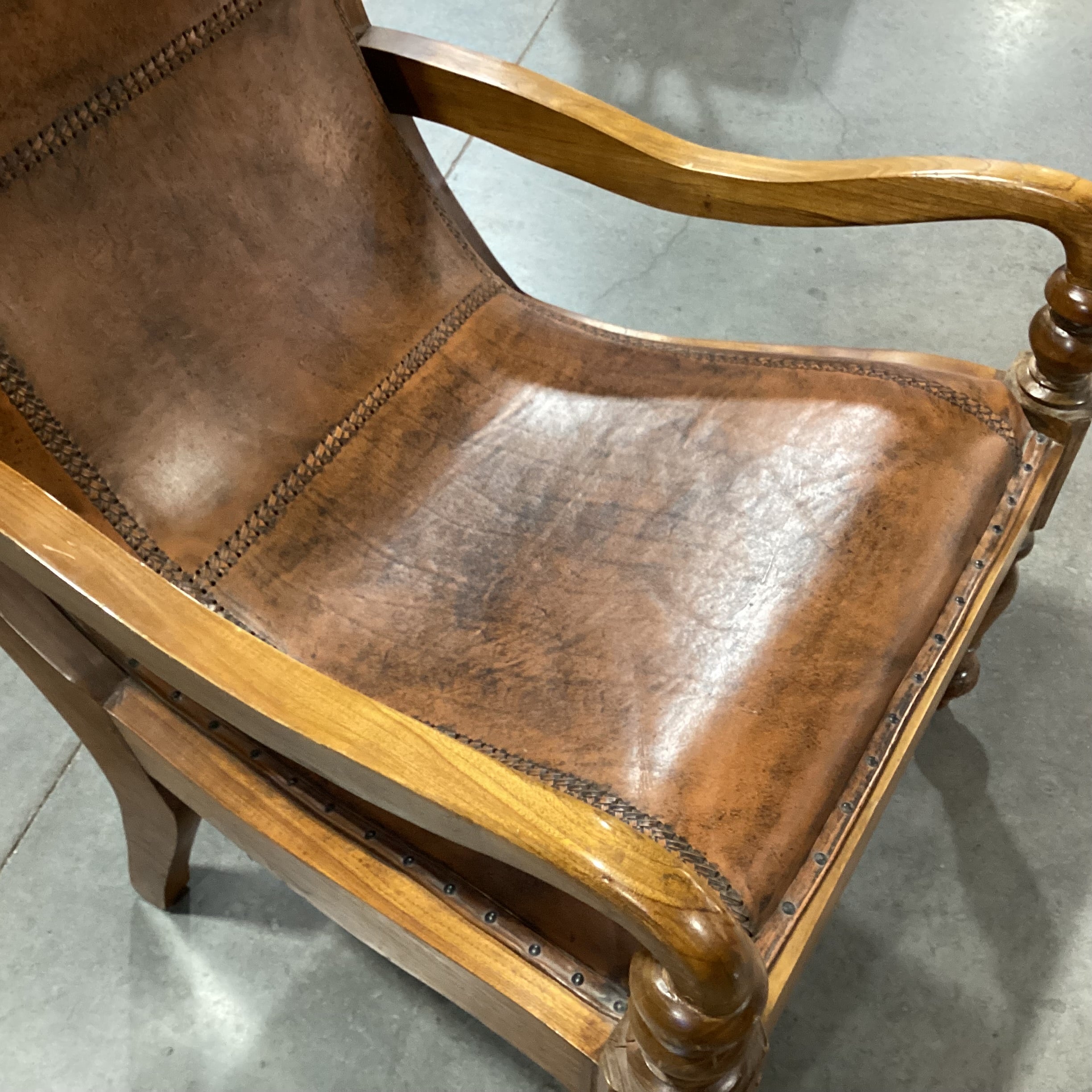 Carved Wood With Distressed Leather Nailhead Plantation Style Lounge Chair 29"x 34"x 39"