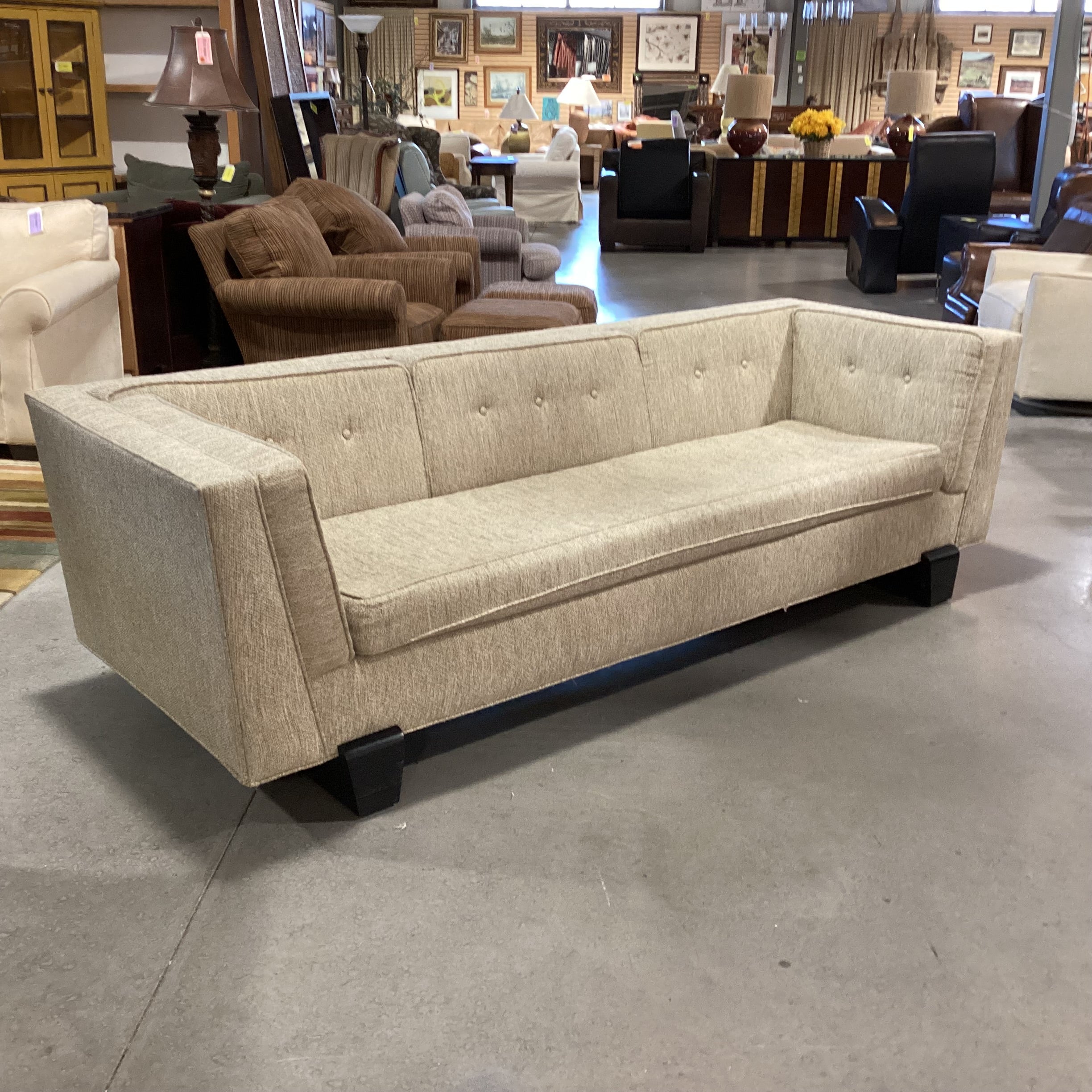 Vintage Asian Inspired Beige Woven Black Finished Wood Rail Base Sofa 98"x 37"x 29"