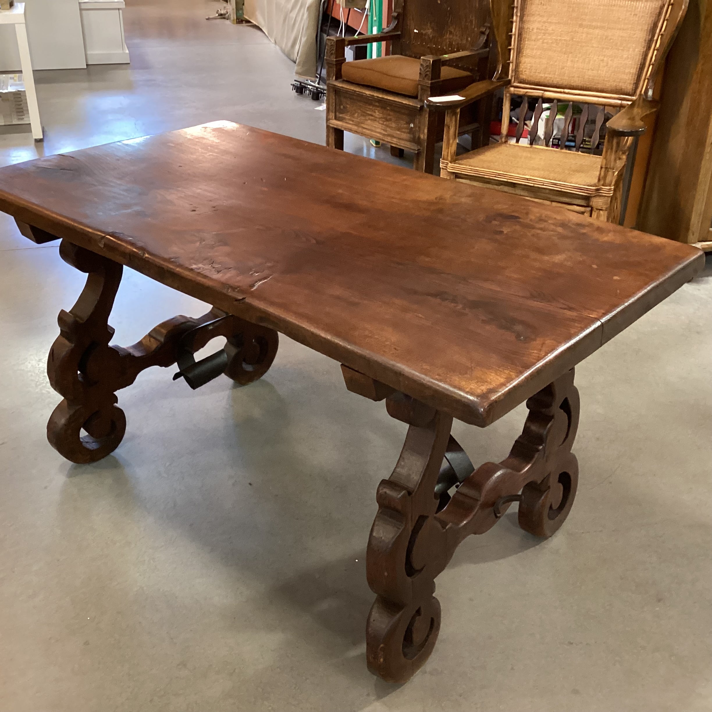 Vintage Antique Solid Wood Carved Side Legs & Iron Stetchers Trestle Accent Table 55"x 31"x 29"