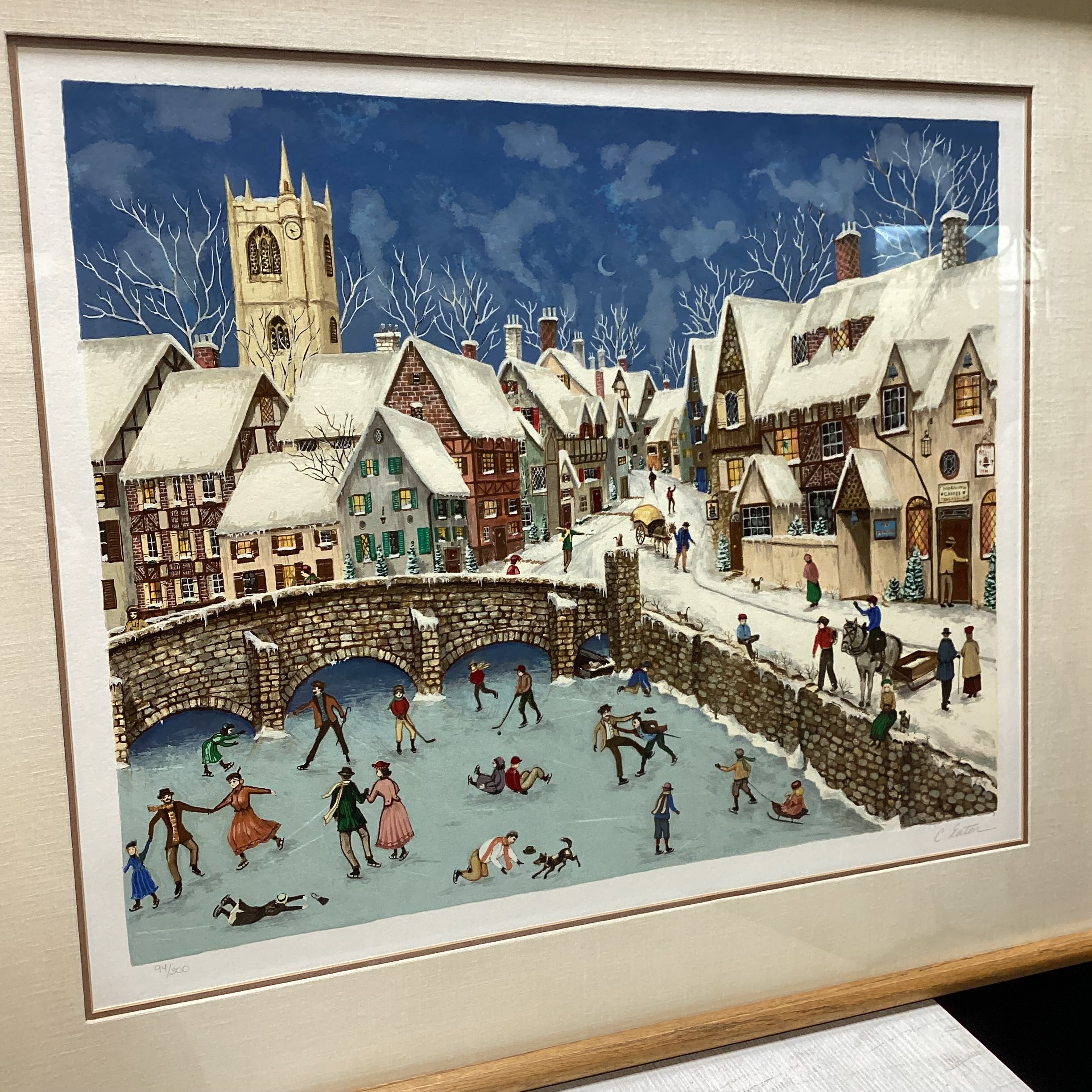 Vintage Catherine Eaton Signed Limited Edition "Winter Village Scene" Framed Serigraph Print 35" x 30"