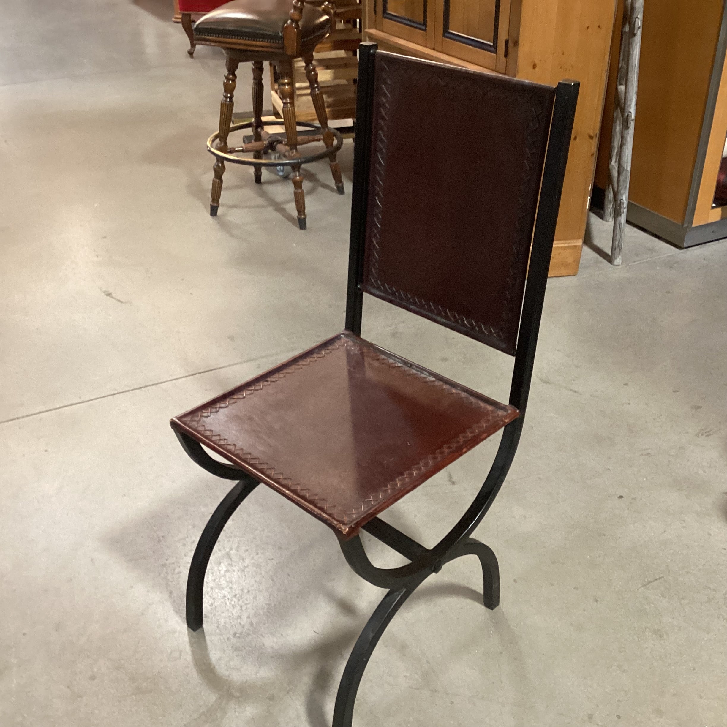 Black Iron & Leather with Cross Stitch Accent Chair 18"x 19"x 41"
