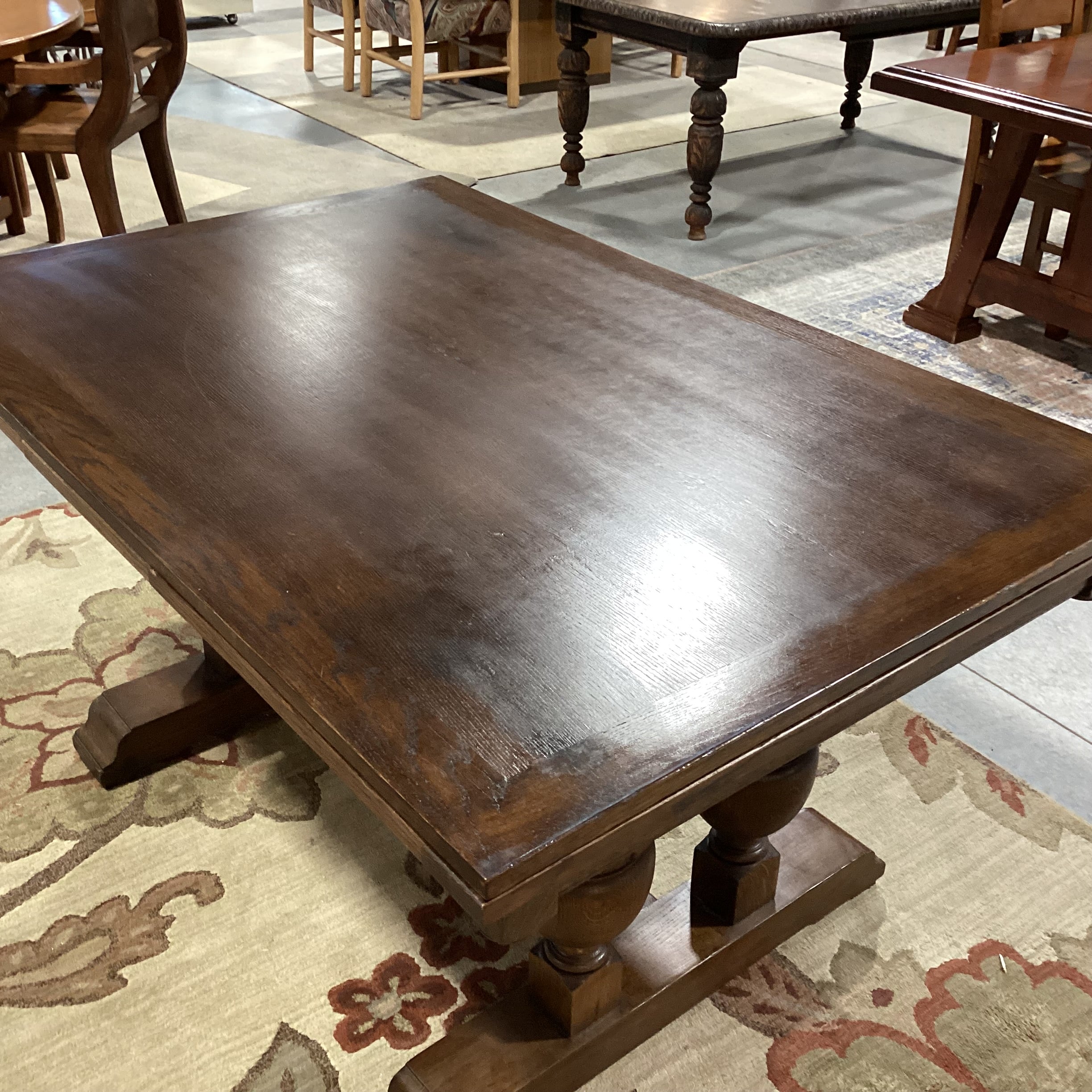 Antique Oak with Ornate Carved Trestle & 2 Extended End Leaves Dining Table 59" to 104"x 39"x 31"