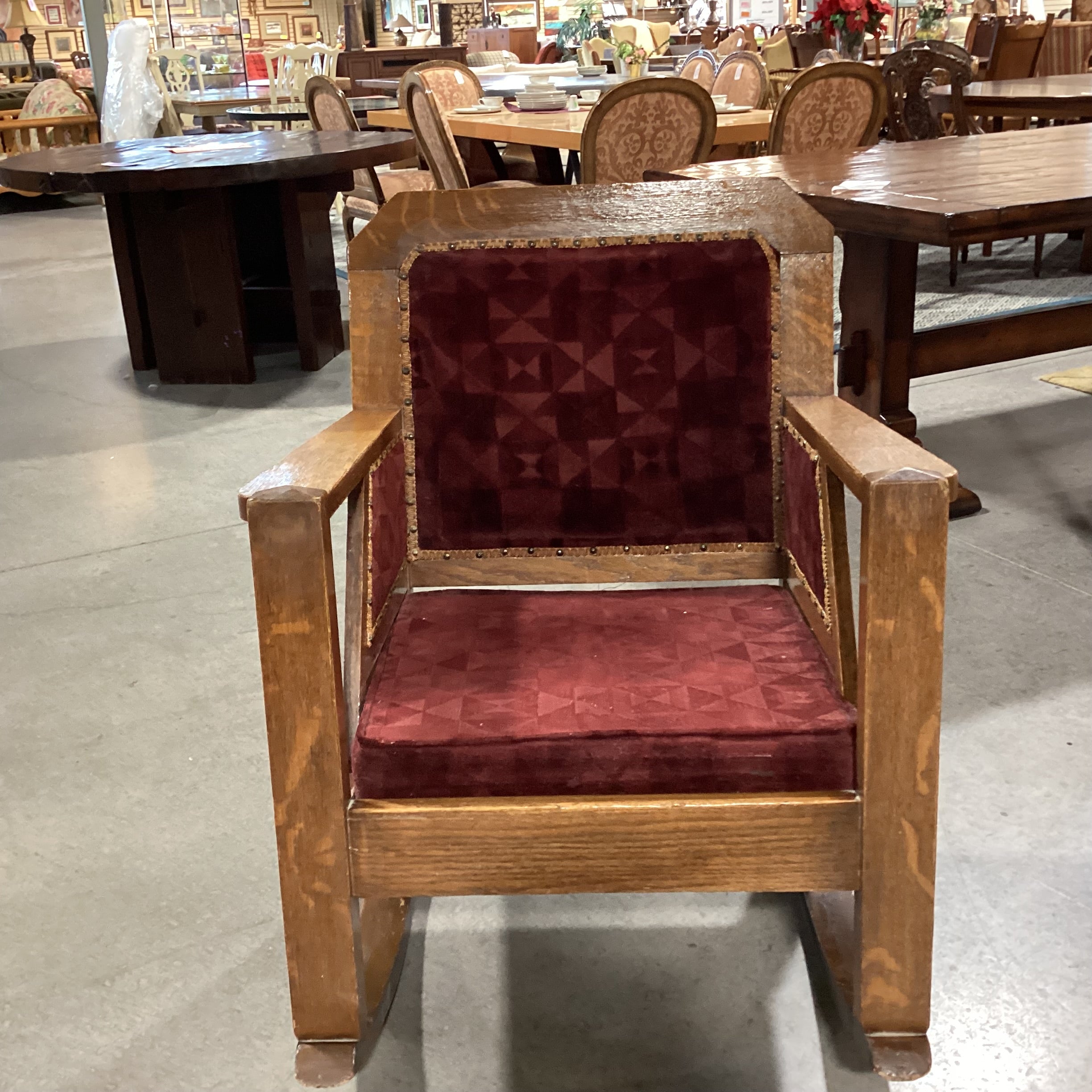 Antique Oak and Burgundy Velvet Nailhead Rocking Chair 29”x 36”x 37”