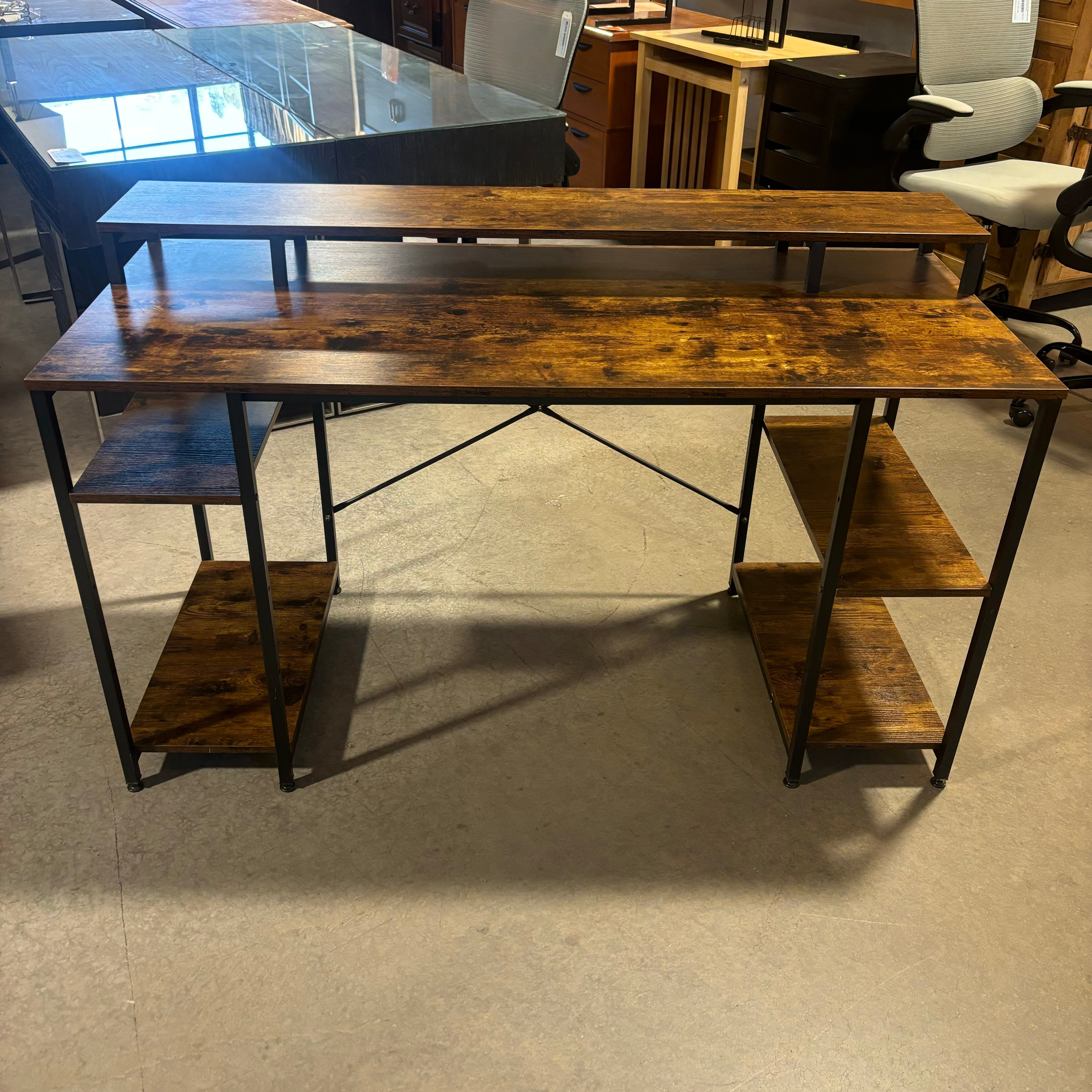 Wood Style Laminate with Metal Legs 4 Shelves & Multi Surface Top Desk 55.5"x 23.5"x 34"