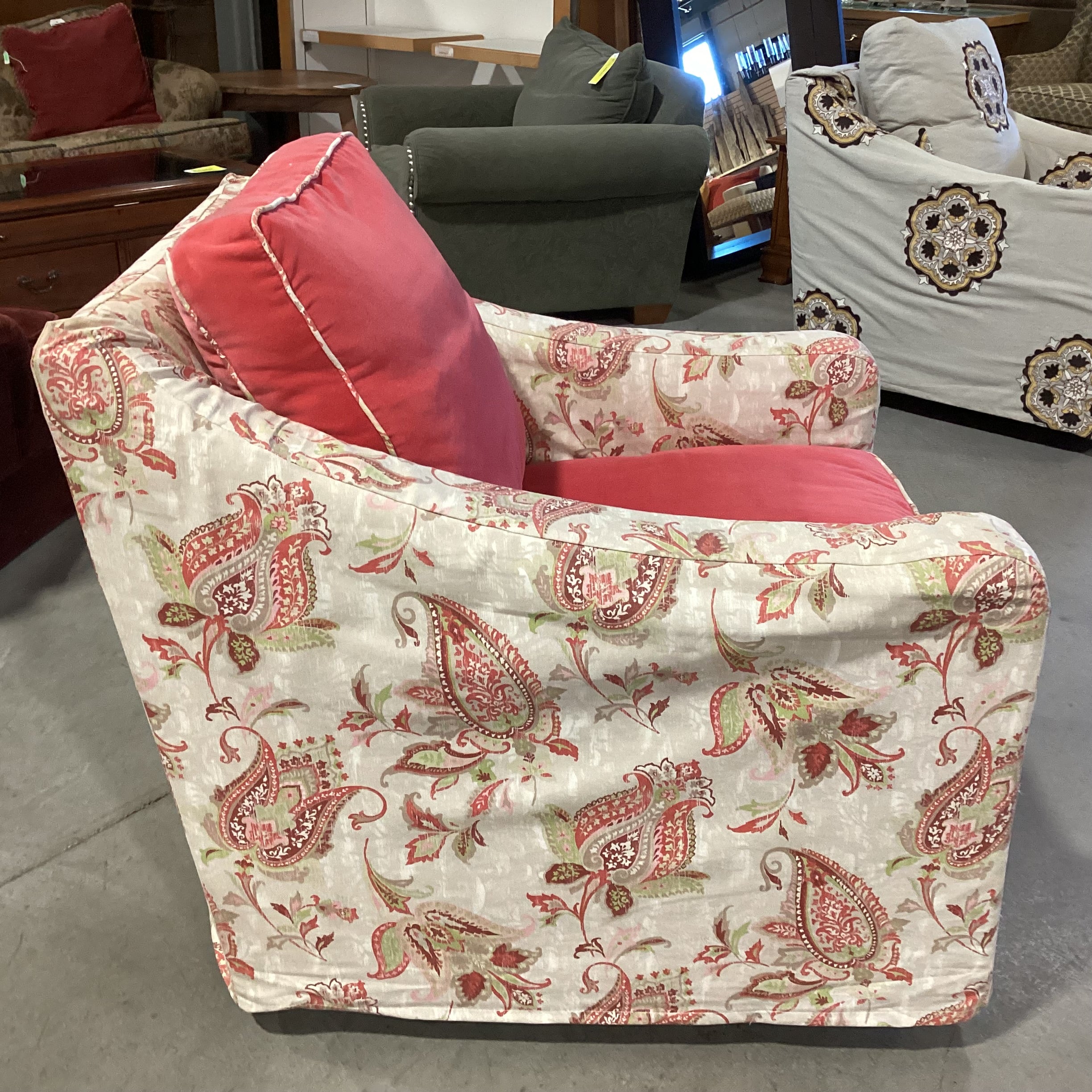 Salmon Pink Velvet with Linen Paisley Slipcover Down Mix Swivel Chair 32"x 39"x 33"