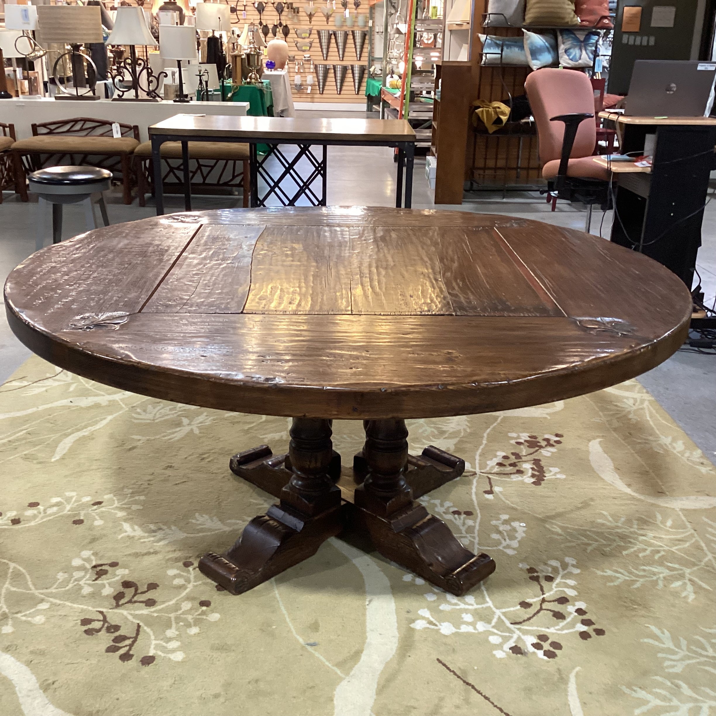 Distressed Solid Wood Finish with Carved Fleur De Lis  Detail Round Dining Table 66" Diameter x 30.5"
