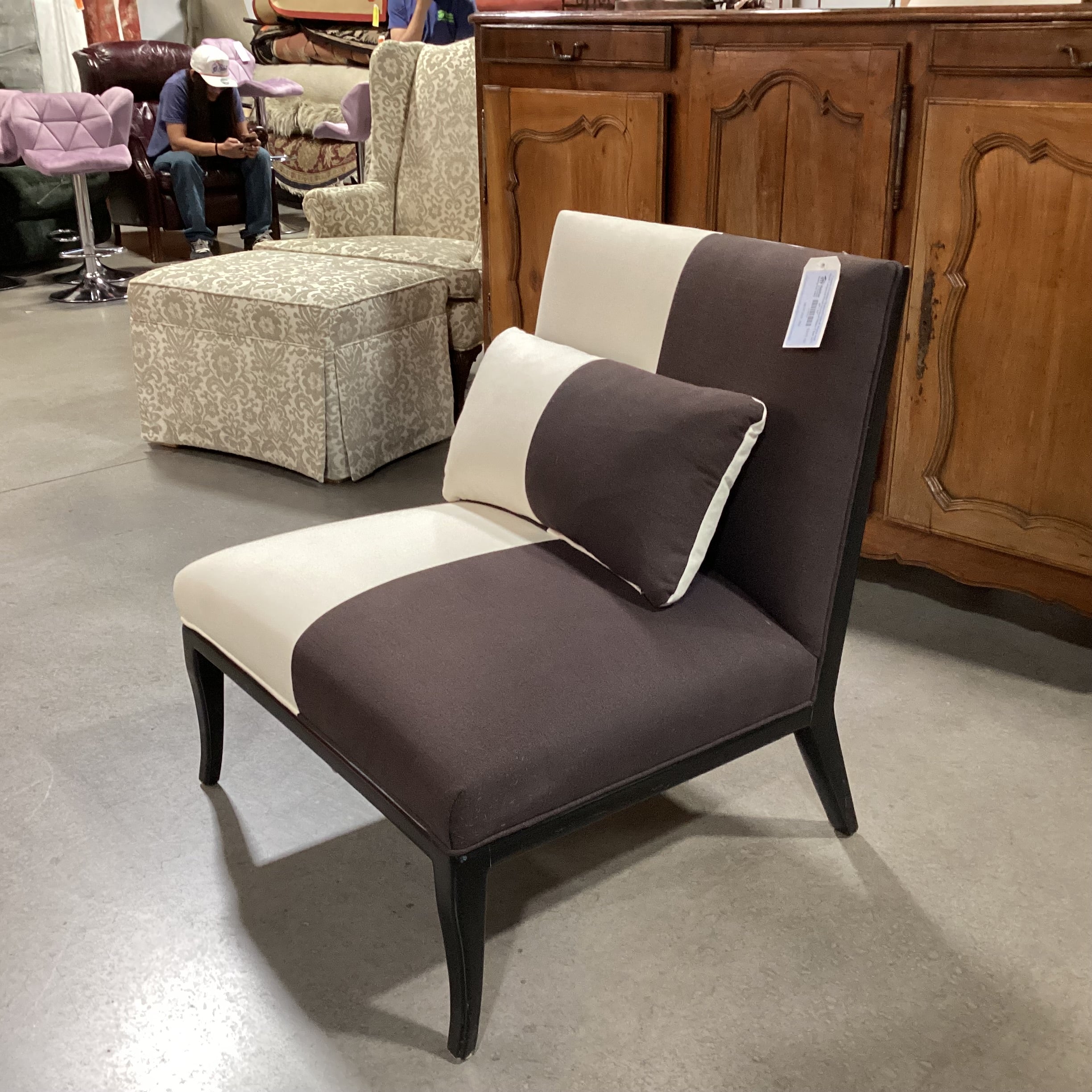 Century Furniture Modern Cream & Brown with Black Lacquered Wood Oversized Slipper Chair 32"x 30"x 34"